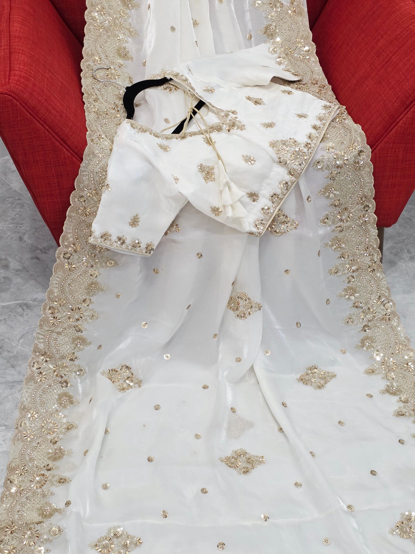 Elegant White Space Silk Sequin Saree with Stitched Blouse – Cocktail Party Wear