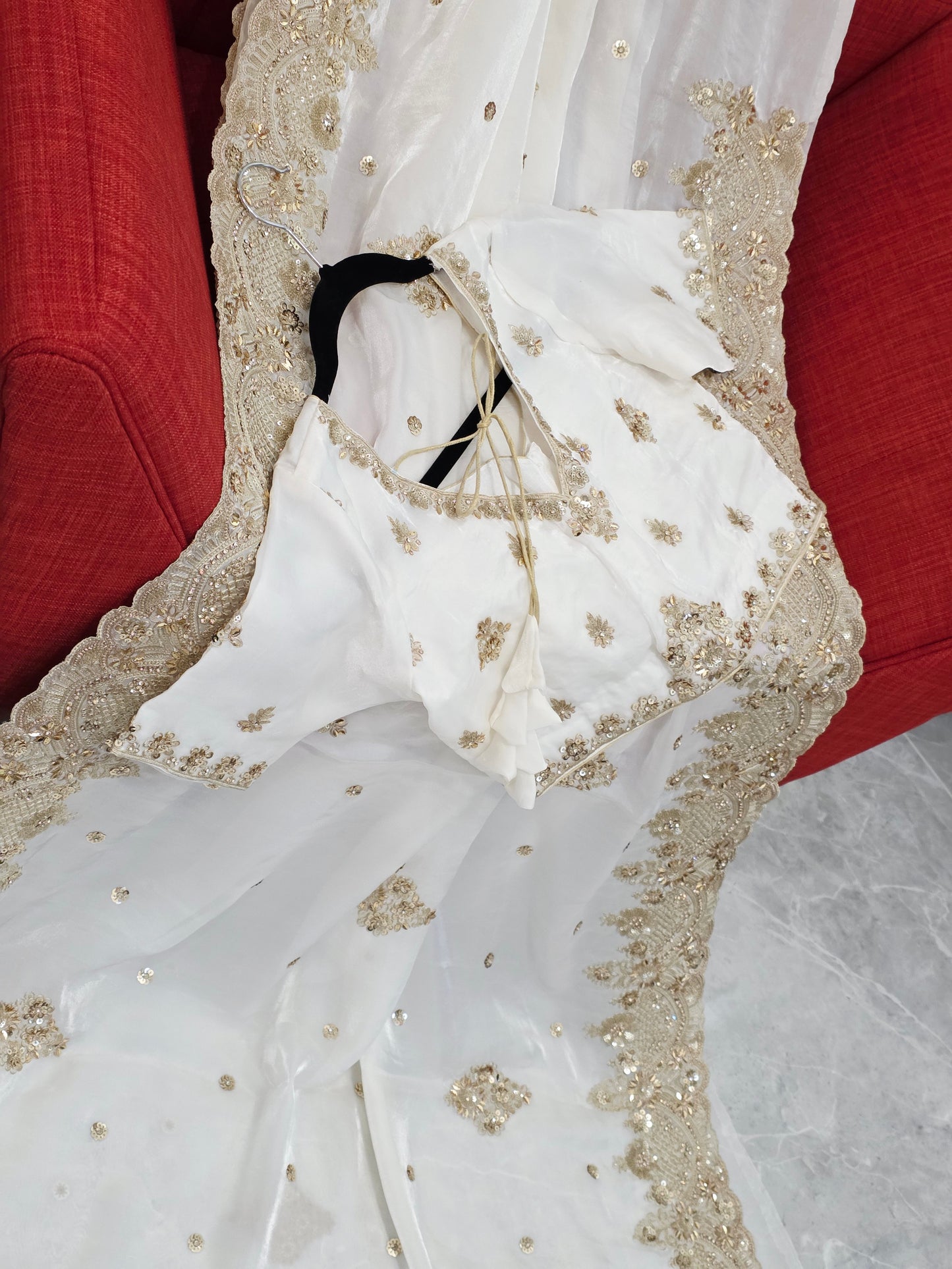 Elegant White Space Silk Sequin Saree with Stitched Blouse – Cocktail Party Wear