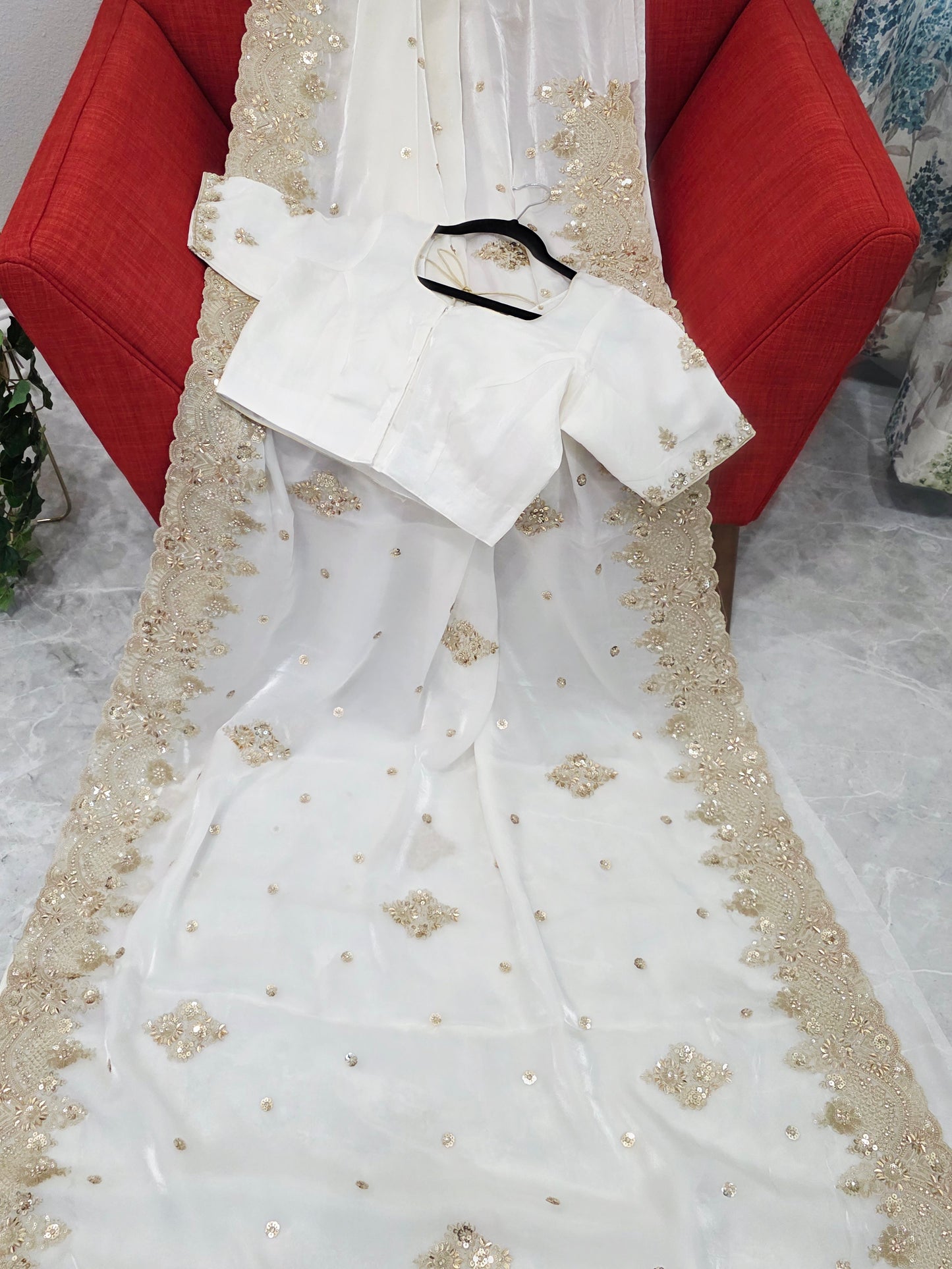 Elegant White Space Silk Sequin Saree with Stitched Blouse – Cocktail Party Wear