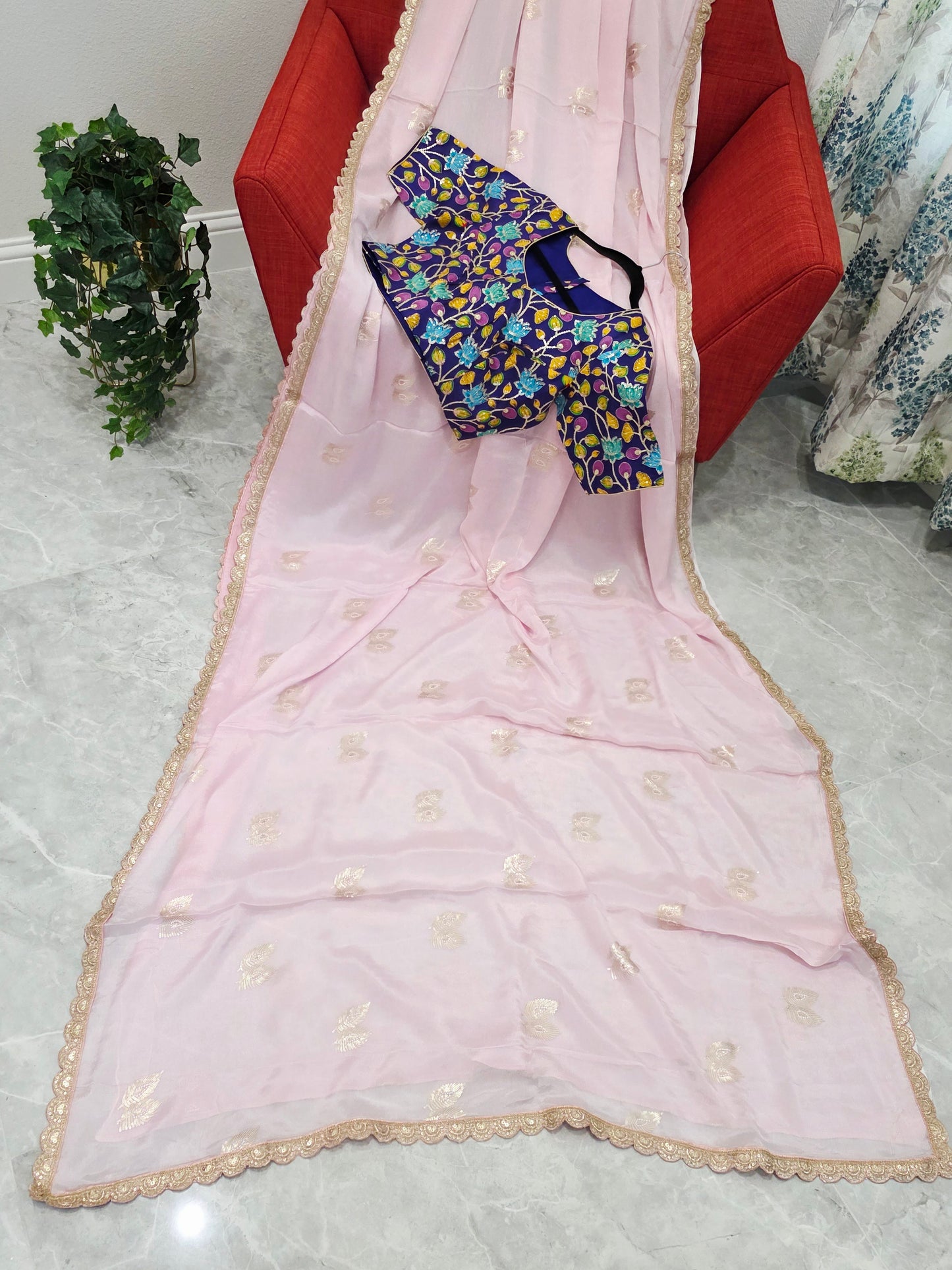 Blush Pink Chinon Chiffon Saree with Scalloped Lace & Kalamkari Sequin Blouse
