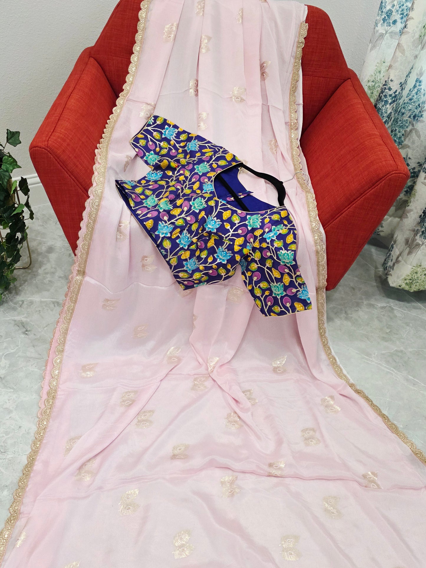 Blush Pink Chinon Chiffon Saree with Scalloped Lace & Kalamkari Sequin Blouse