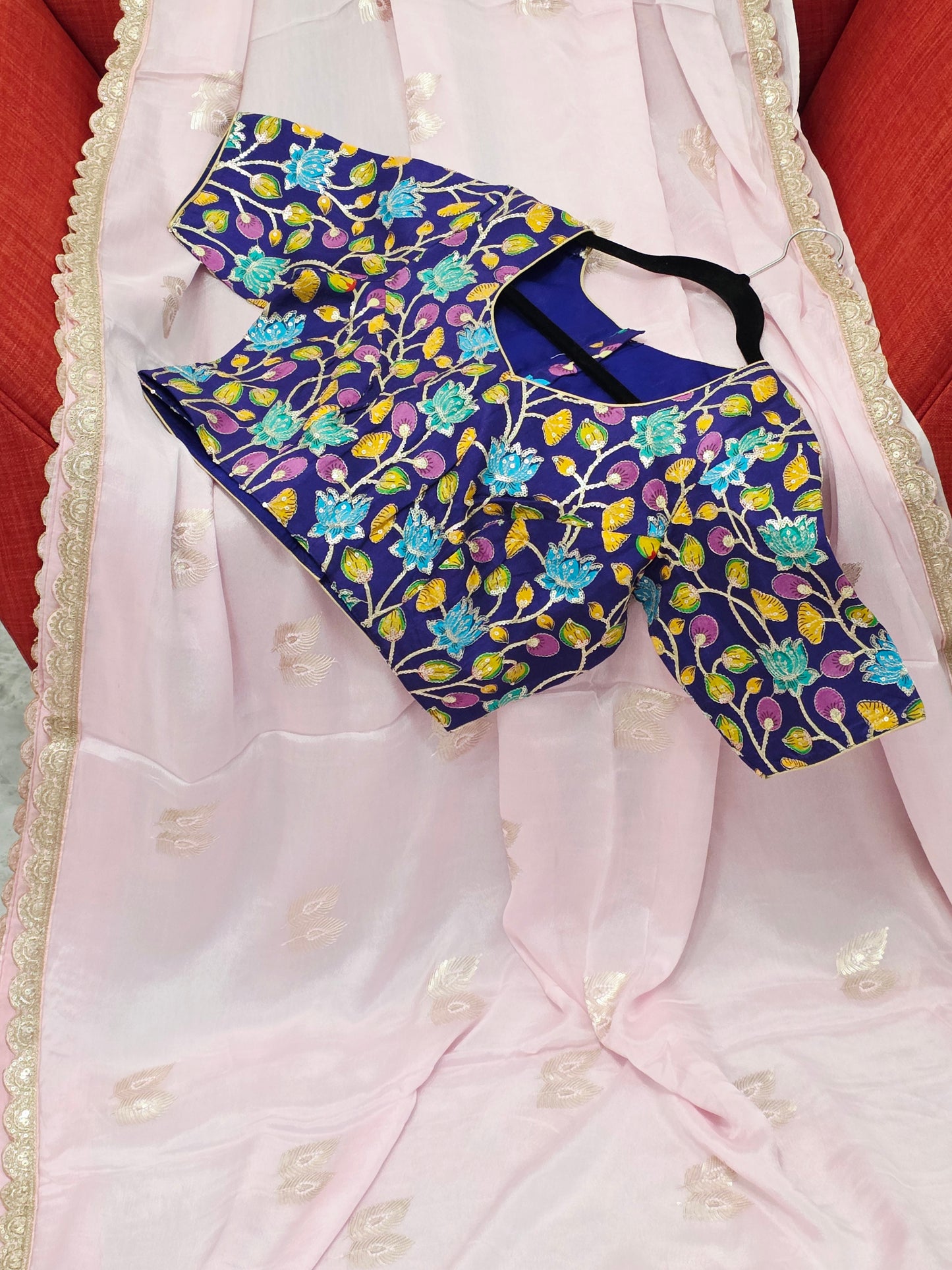 Blush Pink Chinon Chiffon Saree with Scalloped Lace & Kalamkari Sequin Blouse