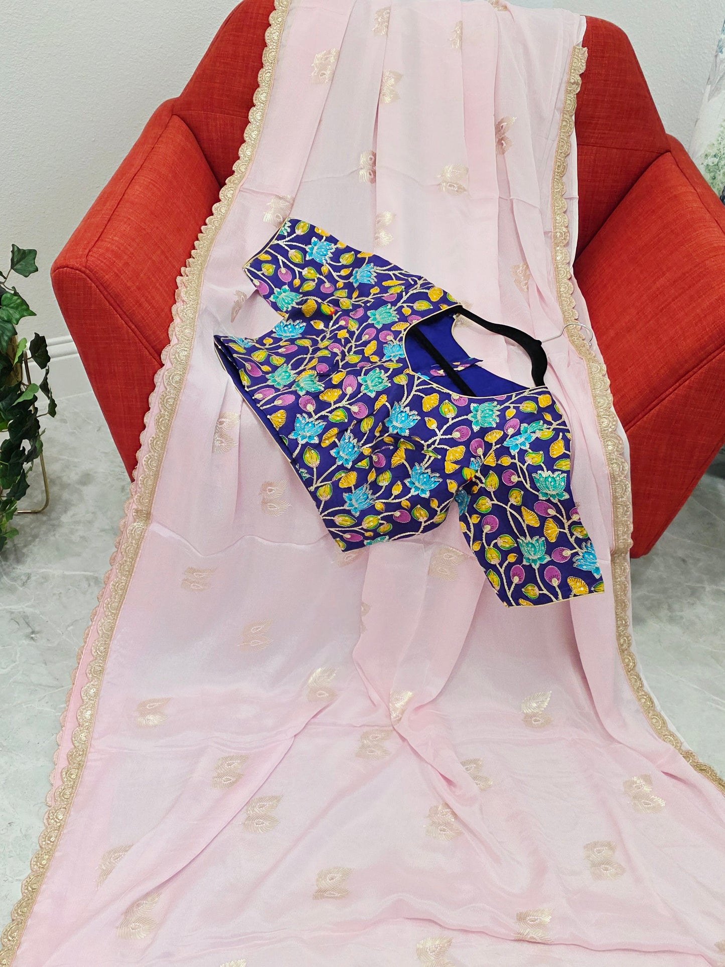 Blush Pink Chinon Chiffon Saree with Scalloped Lace & Kalamkari Sequin Blouse