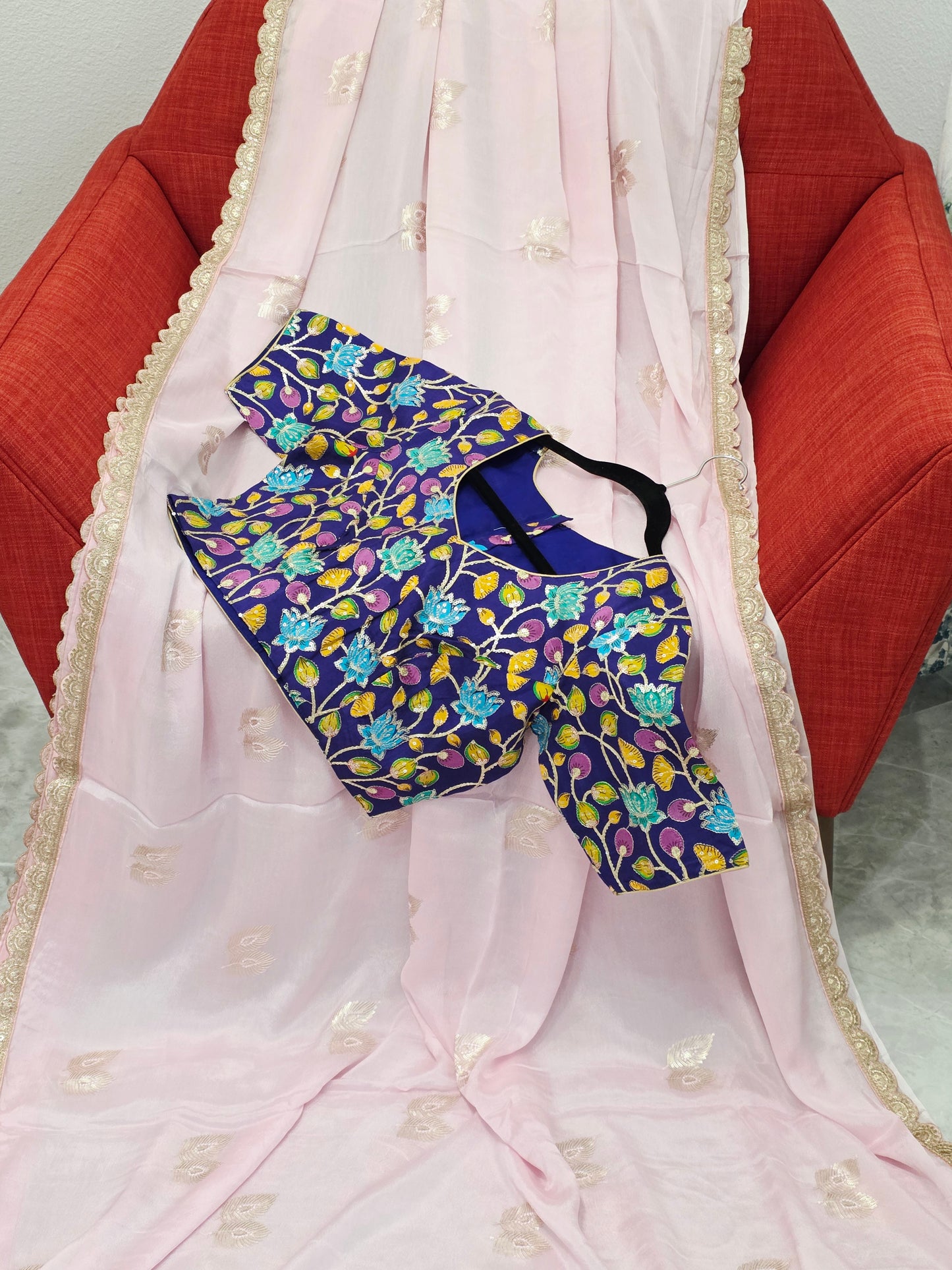 Blush Pink Chinon Chiffon Saree with Scalloped Lace & Kalamkari Sequin Blouse