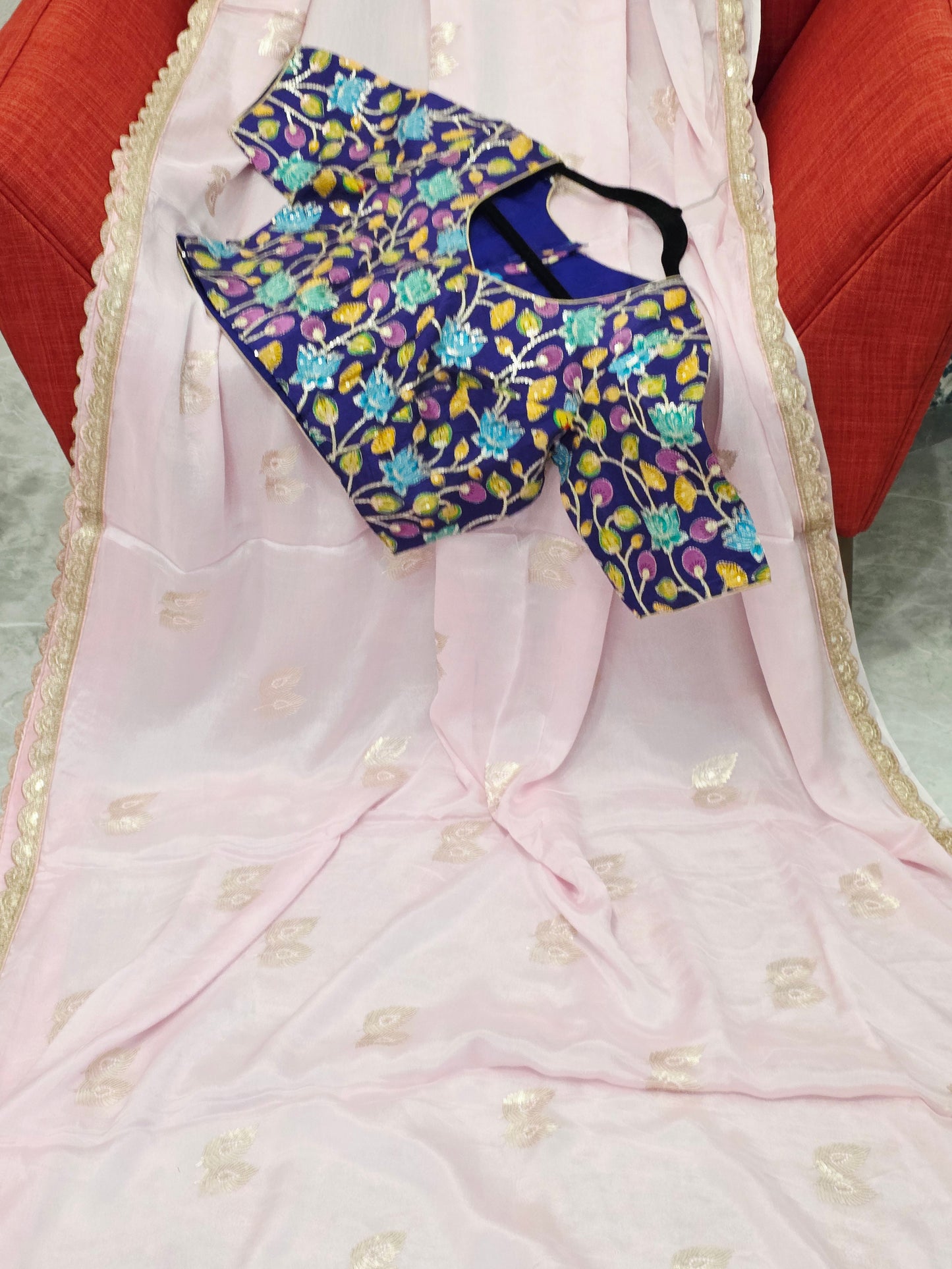 Blush Pink Chinon Chiffon Saree with Scalloped Lace & Kalamkari Sequin Blouse
