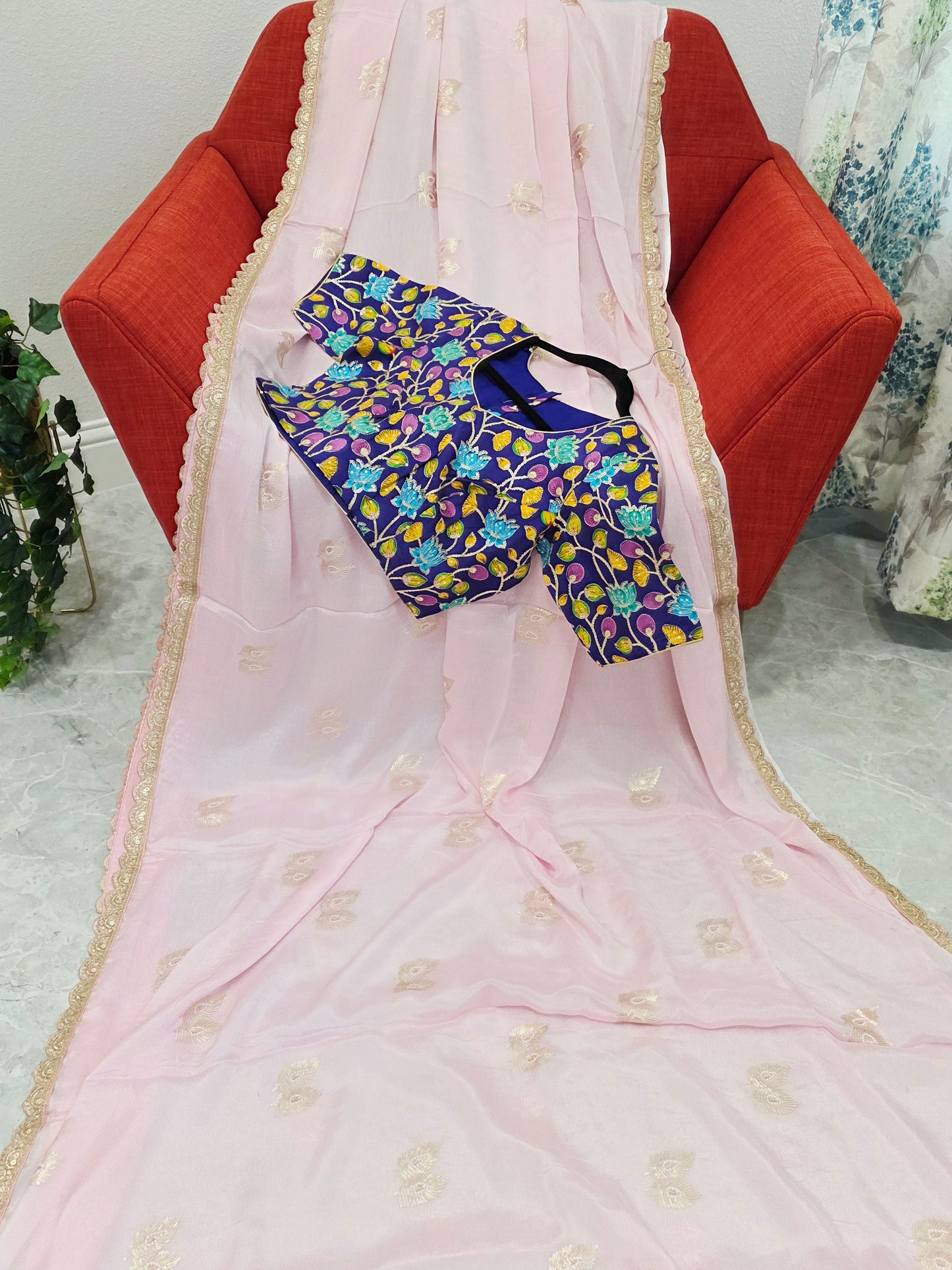 Blush Pink Chinon Chiffon Saree with Scalloped Lace & Kalamkari Sequin Blouse