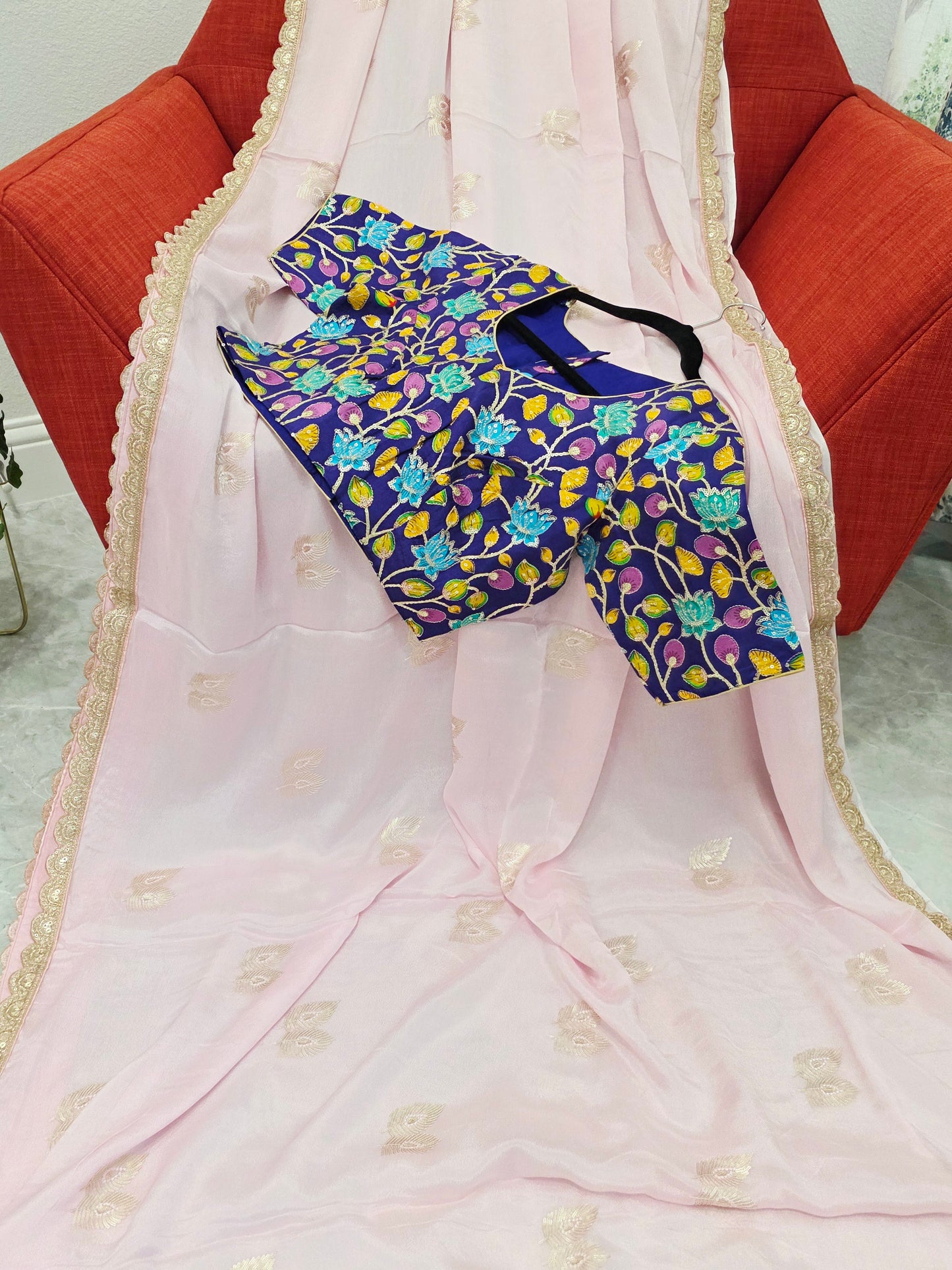 Blush Pink Chinon Chiffon Saree with Scalloped Lace & Kalamkari Sequin Blouse