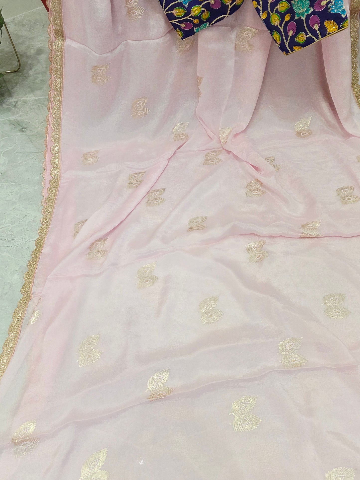 Blush Pink Chinon Chiffon Saree with Scalloped Lace & Kalamkari Sequin Blouse
