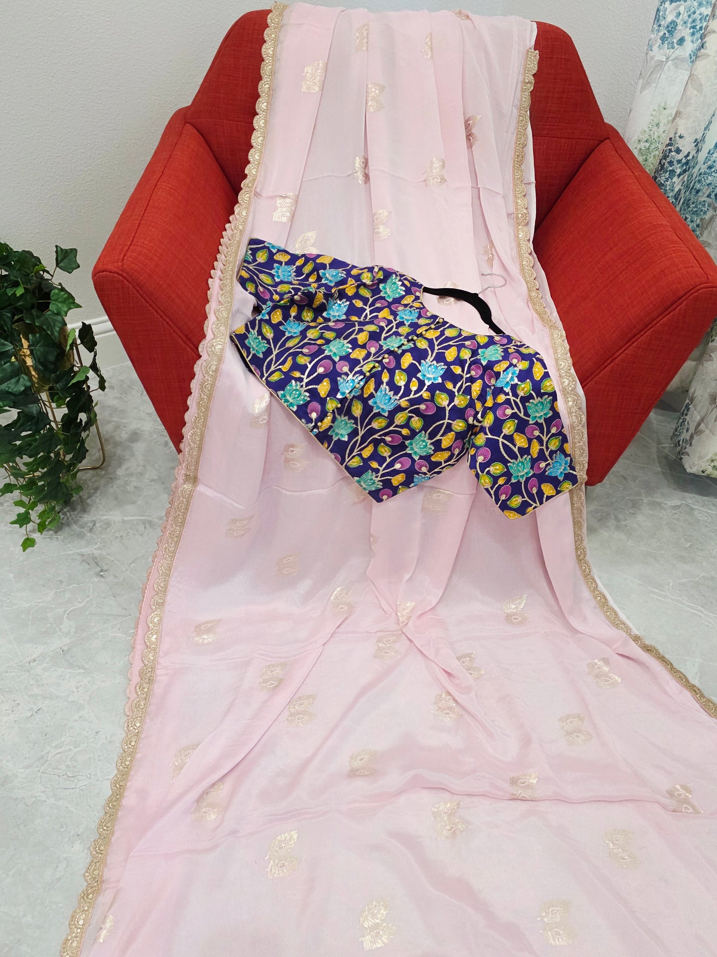 Blush Pink Chinon Chiffon Saree with Scalloped Lace & Kalamkari Sequin Blouse