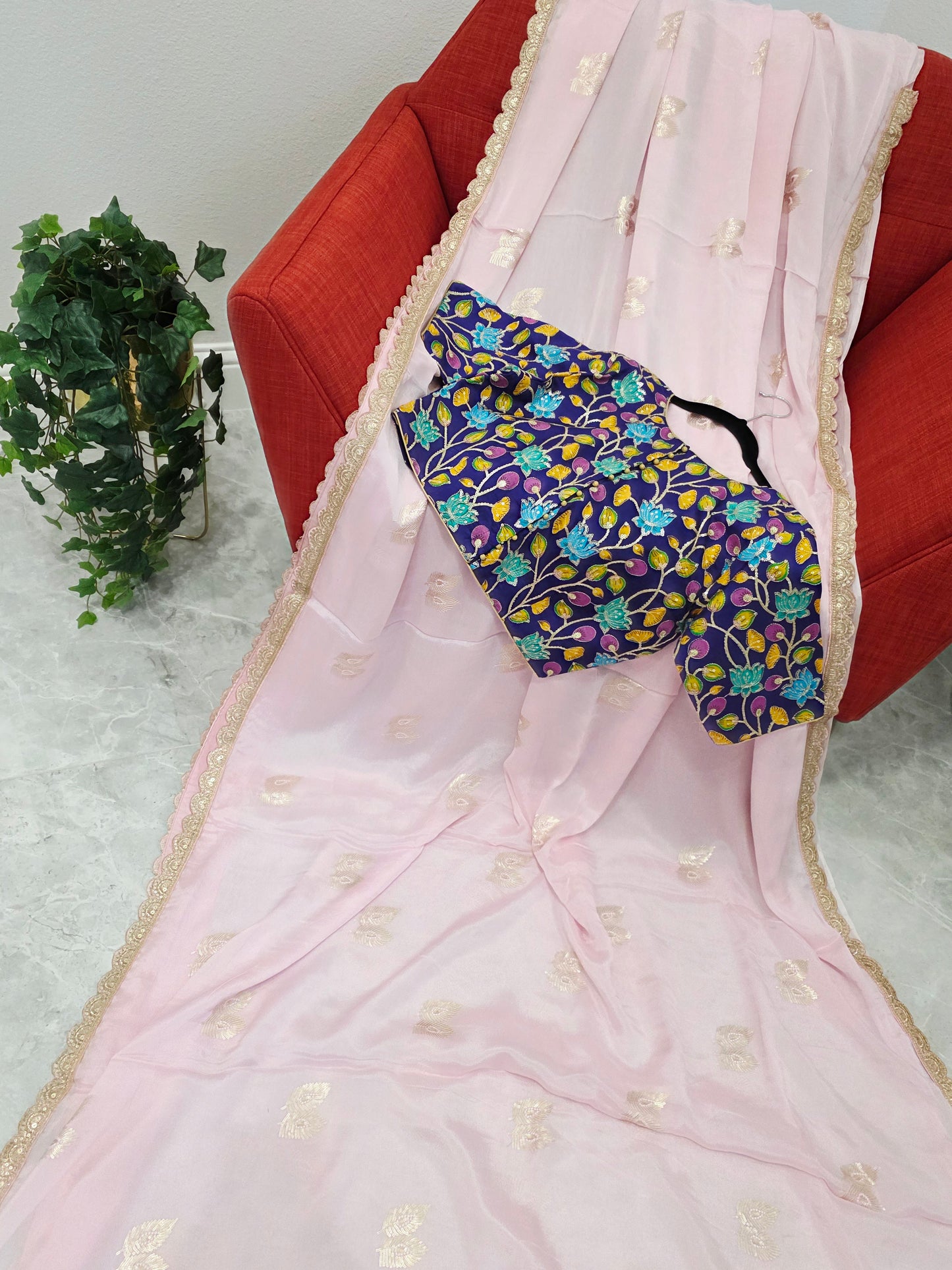 Blush Pink Chinon Chiffon Saree with Scalloped Lace & Kalamkari Sequin Blouse