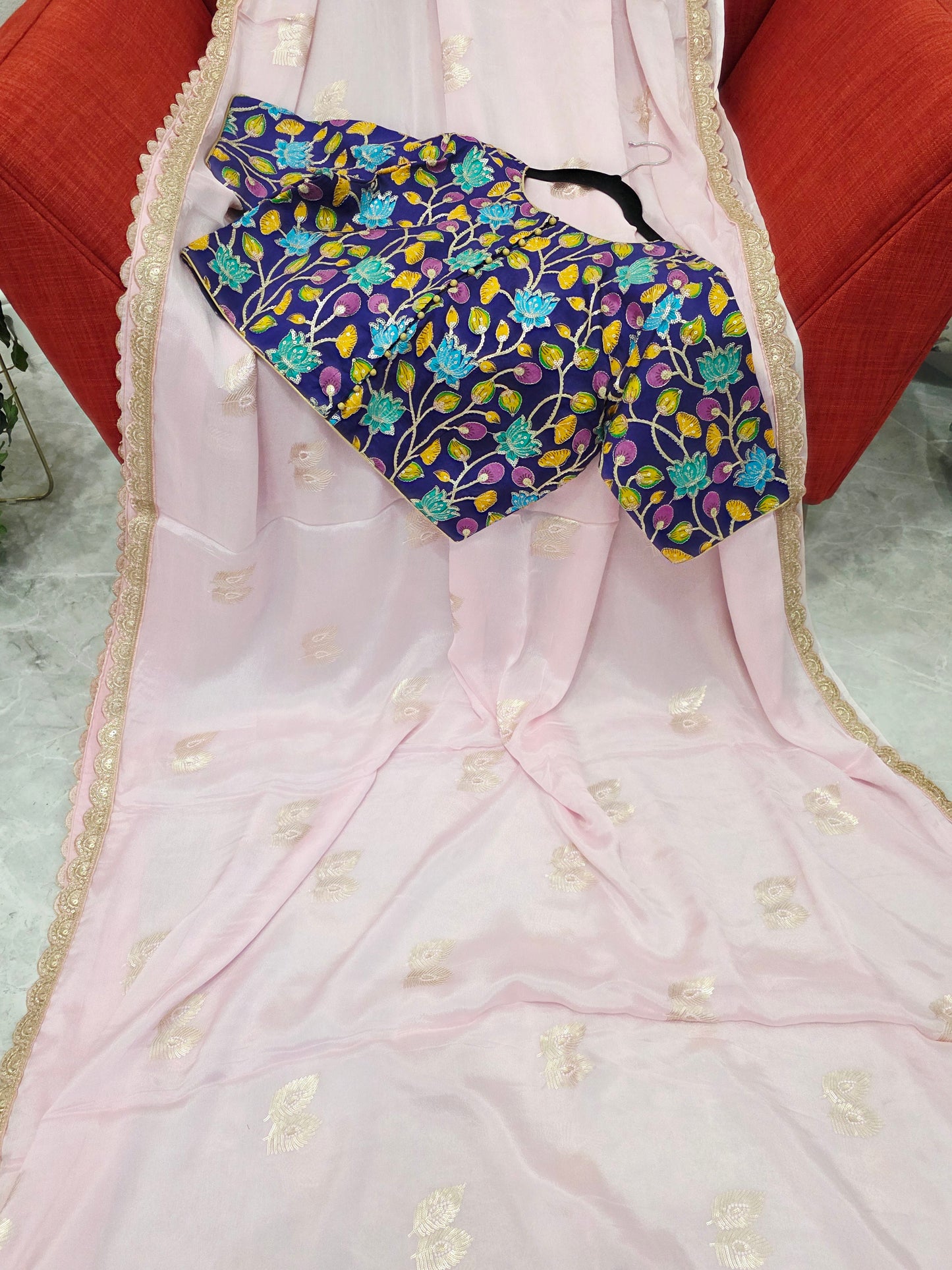 Blush Pink Chinon Chiffon Saree with Scalloped Lace & Kalamkari Sequin Blouse