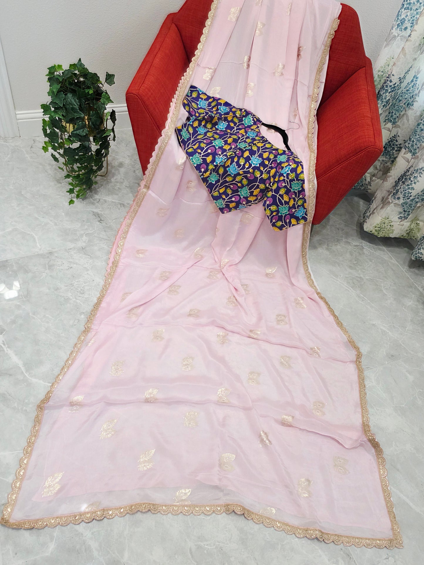 Blush Pink Chinon Chiffon Saree with Scalloped Lace & Kalamkari Sequin Blouse