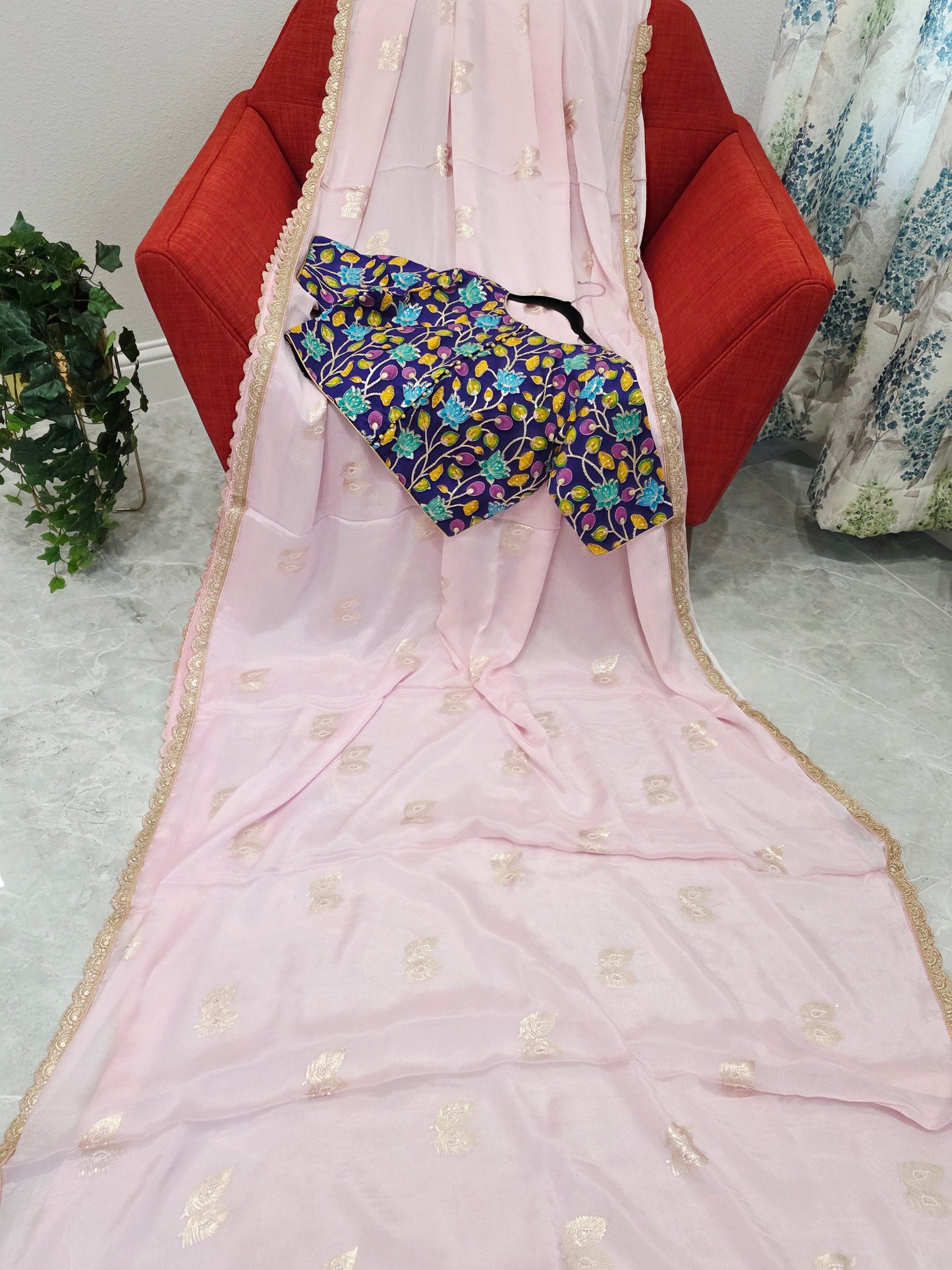 Blush Pink Chinon Chiffon Saree with Scalloped Lace & Kalamkari Sequin Blouse