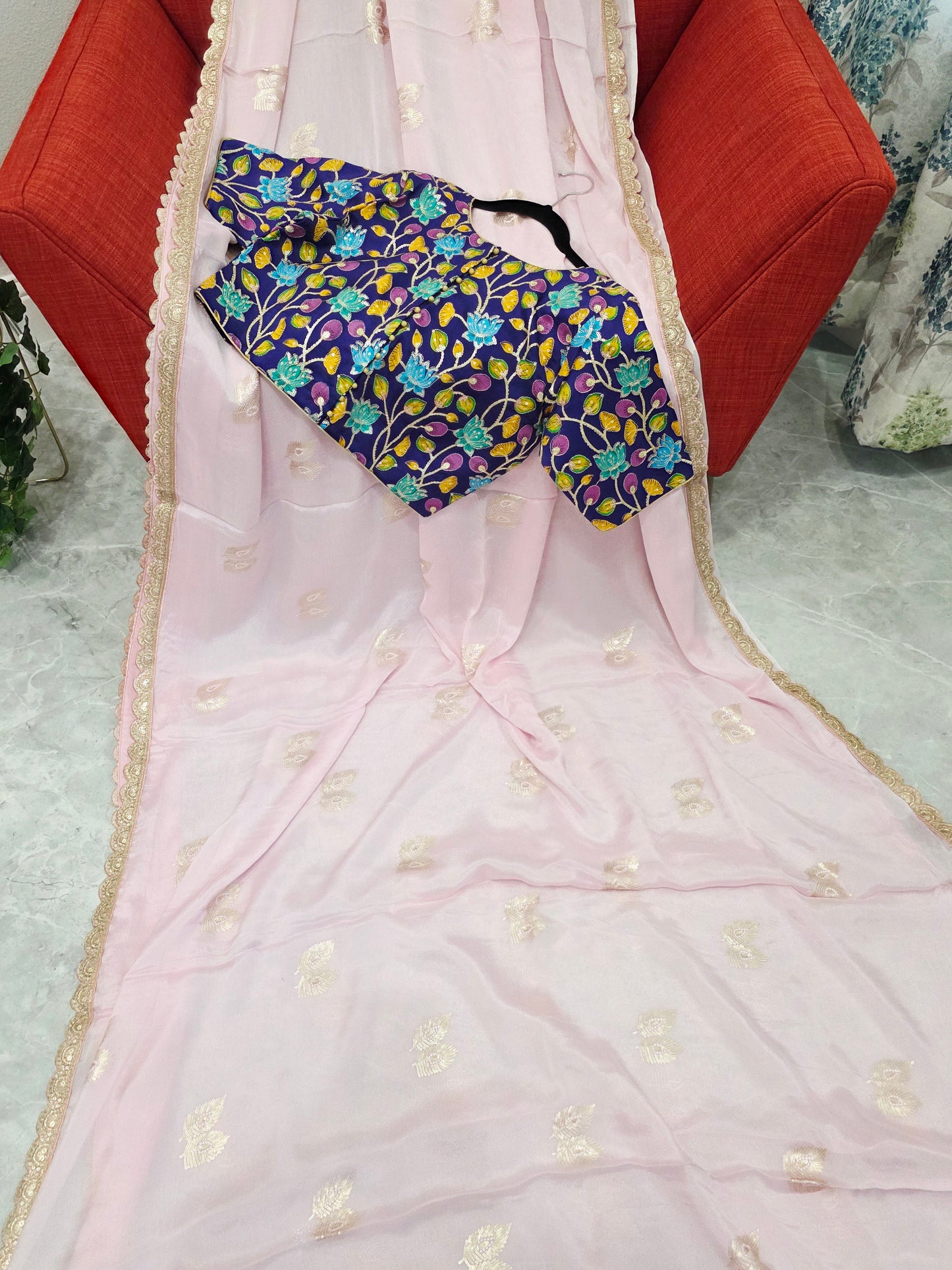 Blush Pink Chinon Chiffon Saree with Scalloped Lace & Kalamkari Sequin Blouse