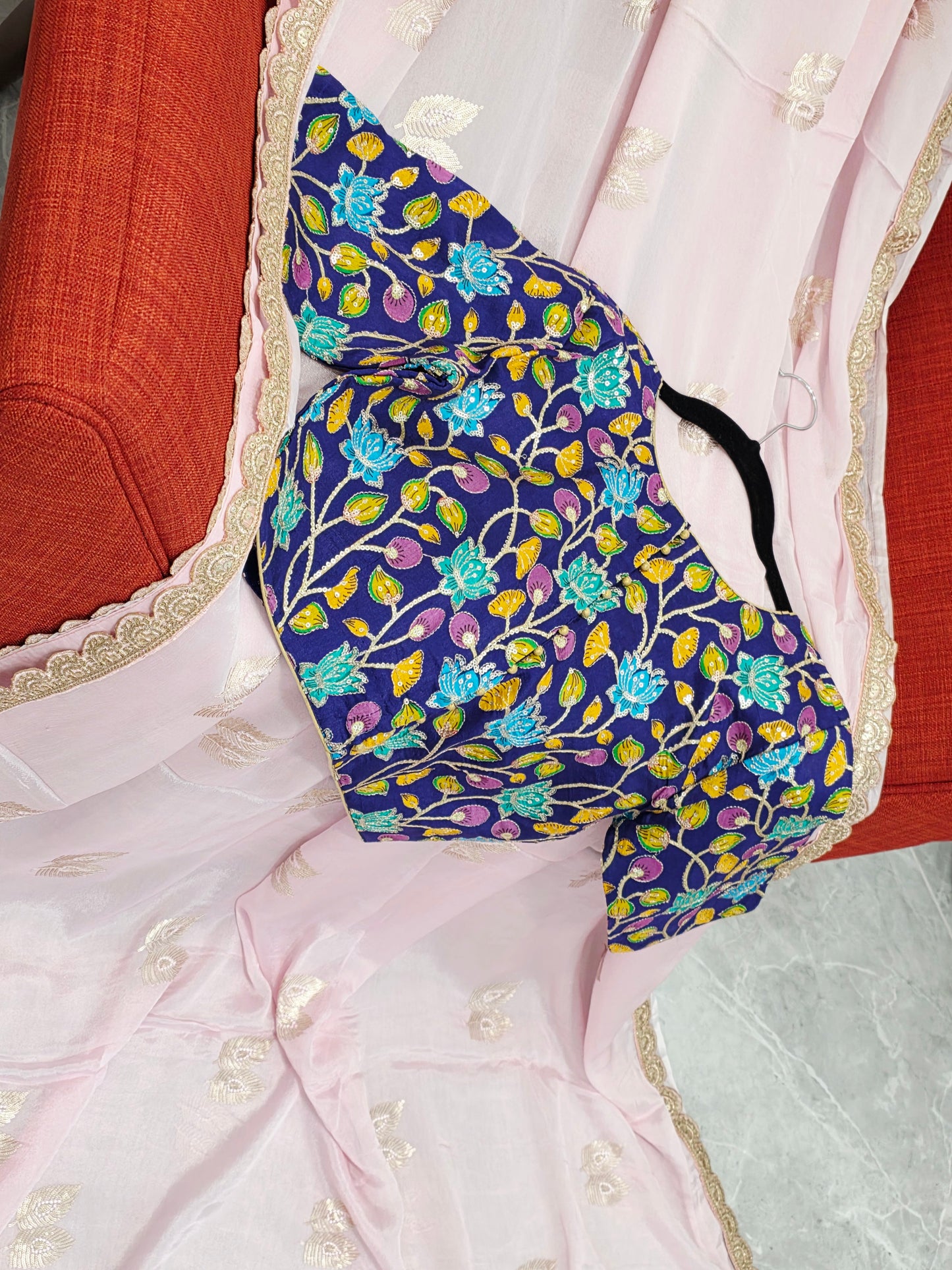 Blush Pink Chinon Chiffon Saree with Scalloped Lace & Kalamkari Sequin Blouse