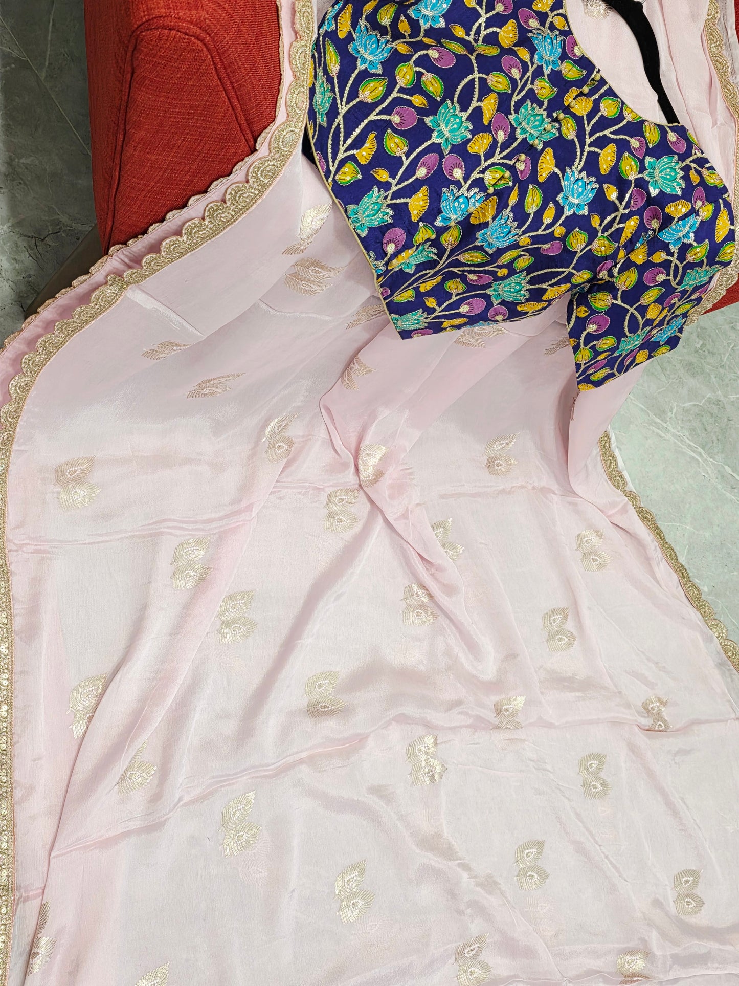 Blush Pink Chinon Chiffon Saree with Scalloped Lace & Kalamkari Sequin Blouse