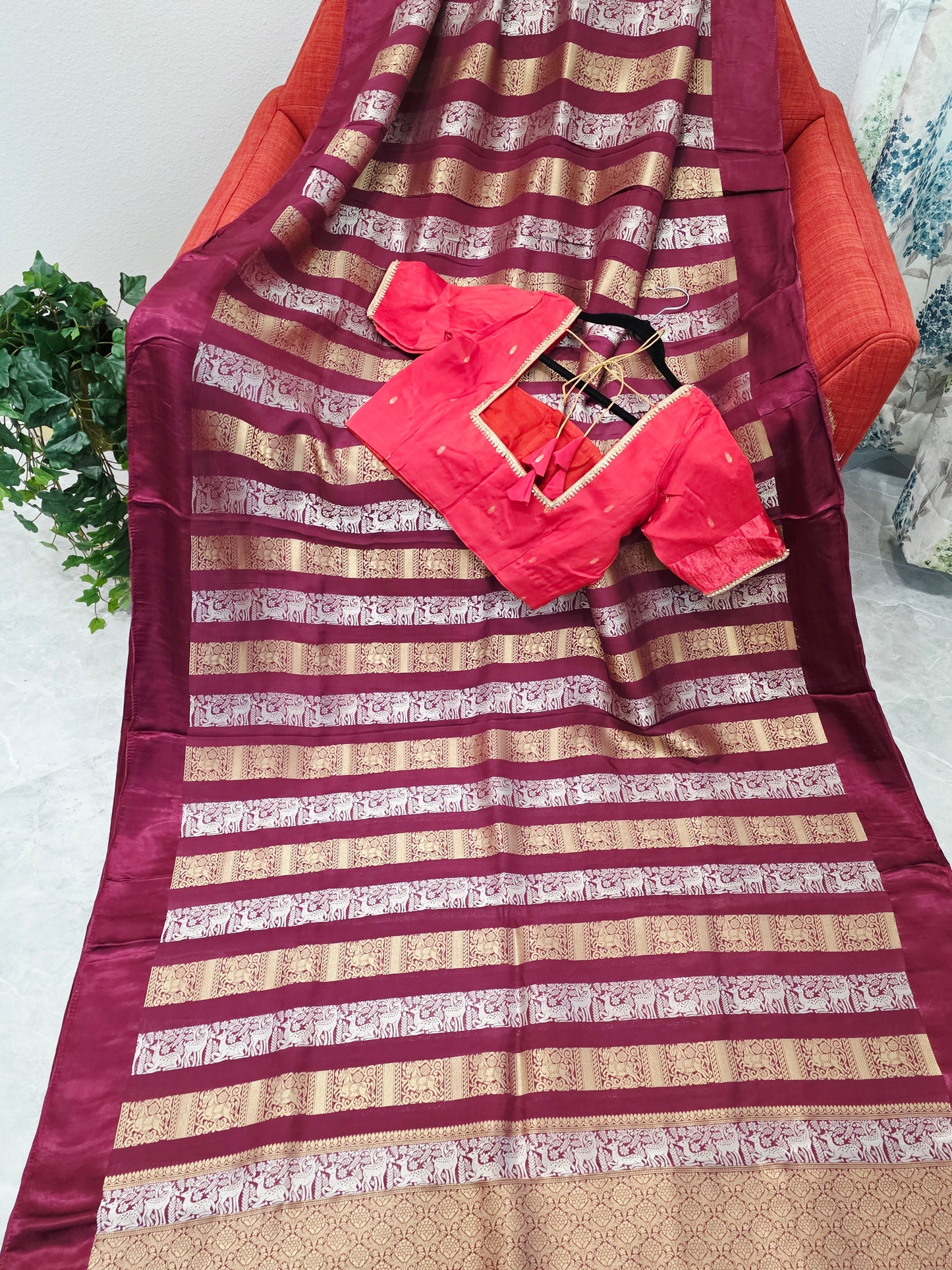 Nita Ambani Inspired Russian Dola Crepe Silk Saree with Ready Stitched Blouse
