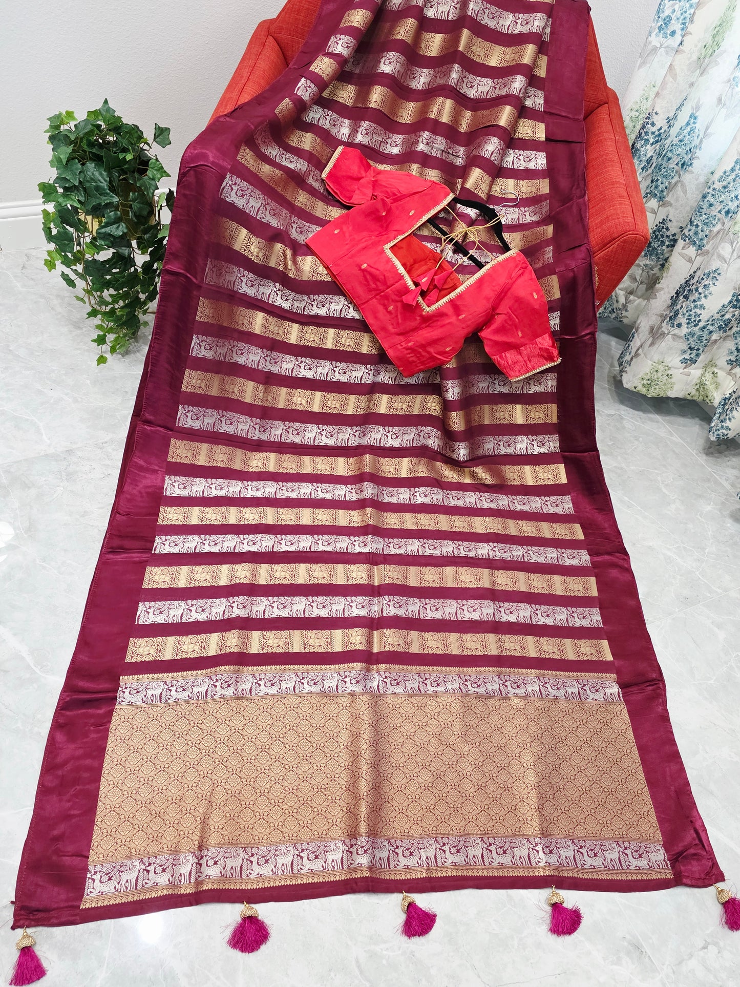 Nita Ambani Inspired Russian Dola Crepe Silk Saree with Ready Stitched Blouse
