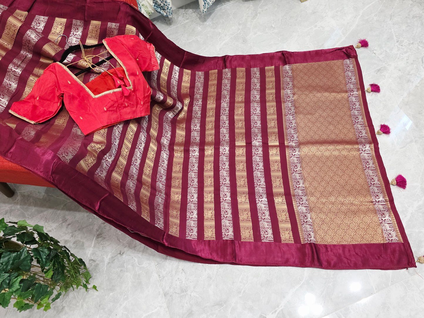 Nita Ambani Inspired Russian Dola Crepe Silk Saree with Ready Stitched Blouse