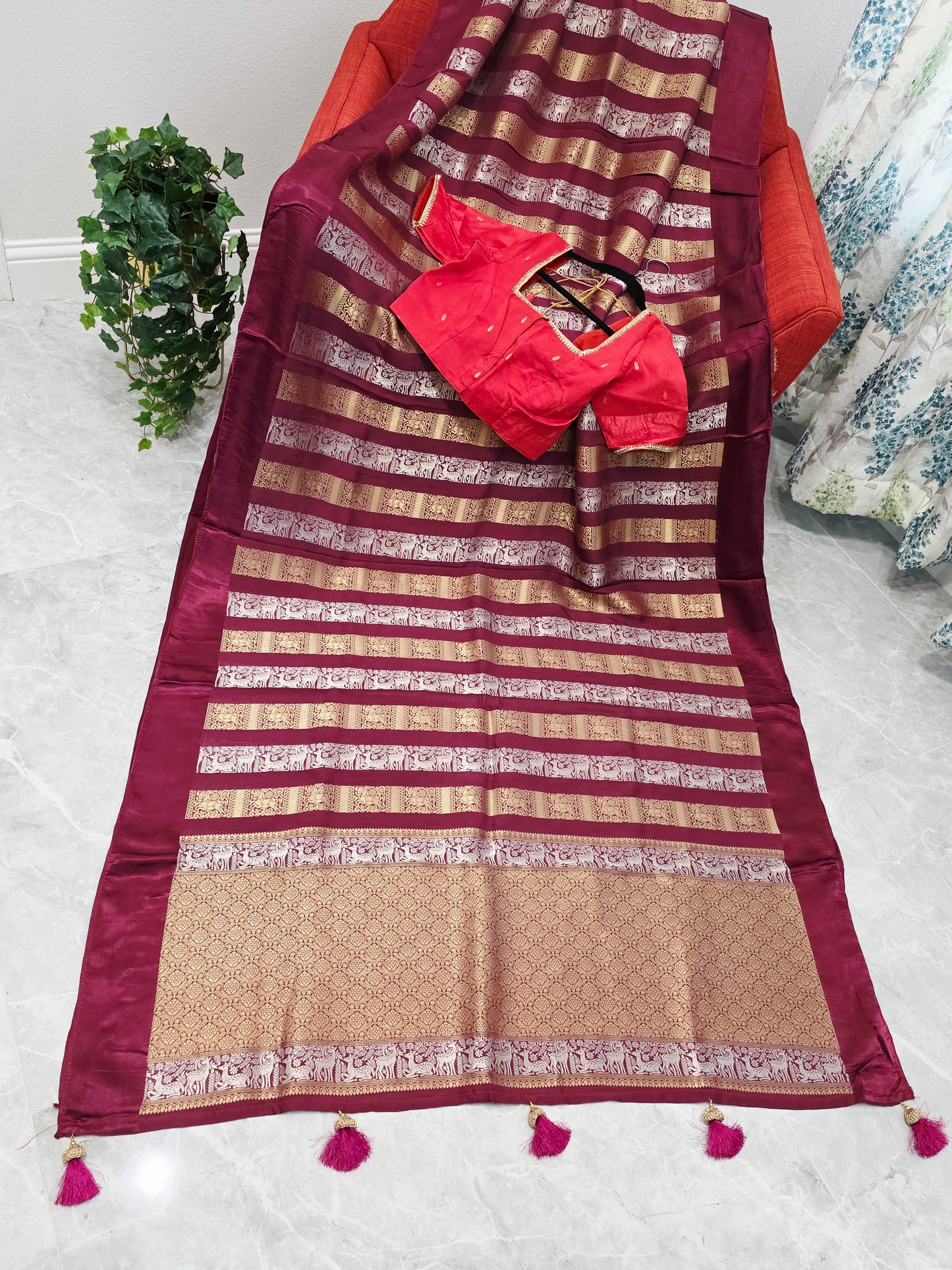 Nita Ambani Inspired Russian Dola Crepe Silk Saree with Ready Stitched Blouse
