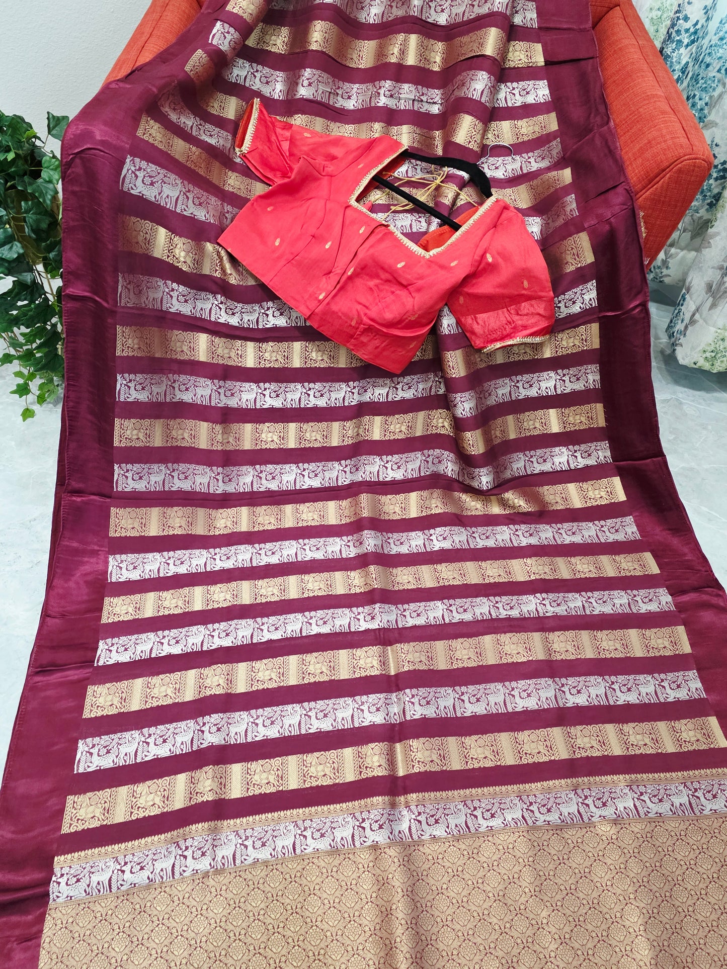 Nita Ambani Inspired Russian Dola Crepe Silk Saree with Ready Stitched Blouse
