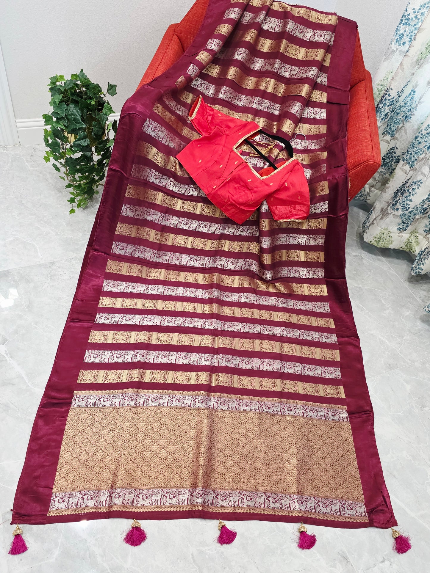 Nita Ambani Inspired Russian Dola Crepe Silk Saree with Ready Stitched Blouse