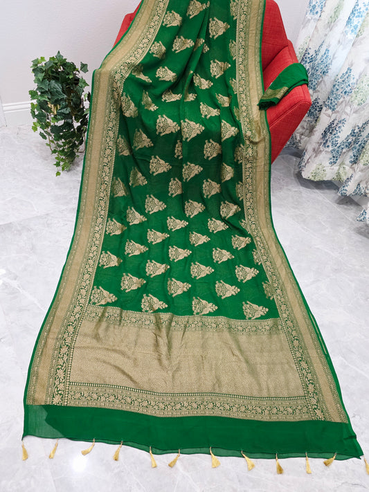 Rich Emerald Green Pure Khaddi Georgette Designer Saree with Peacock Zari Butta