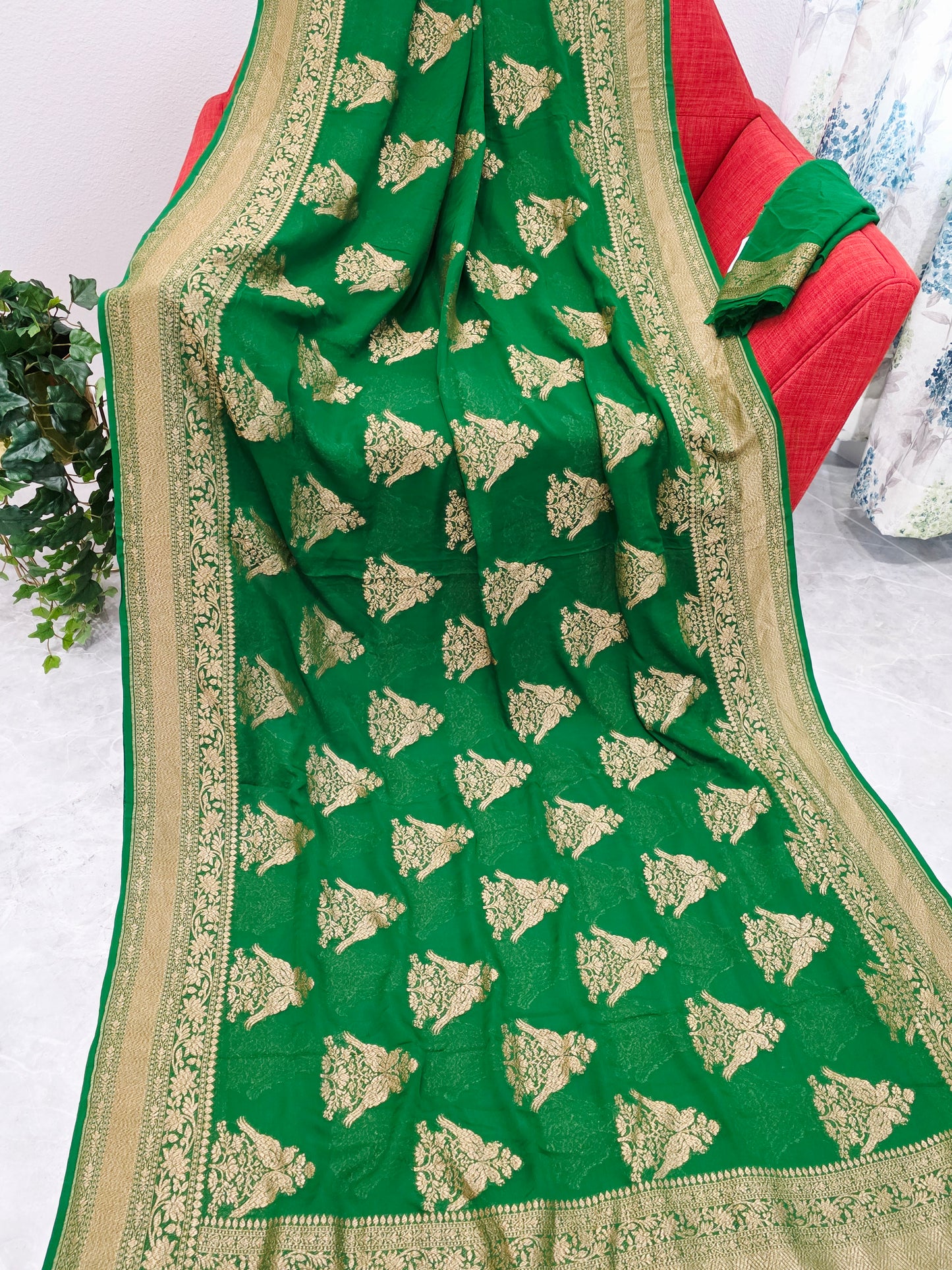 Rich Emerald Green Pure Khaddi Georgette Designer Saree with Peacock Zari Butta