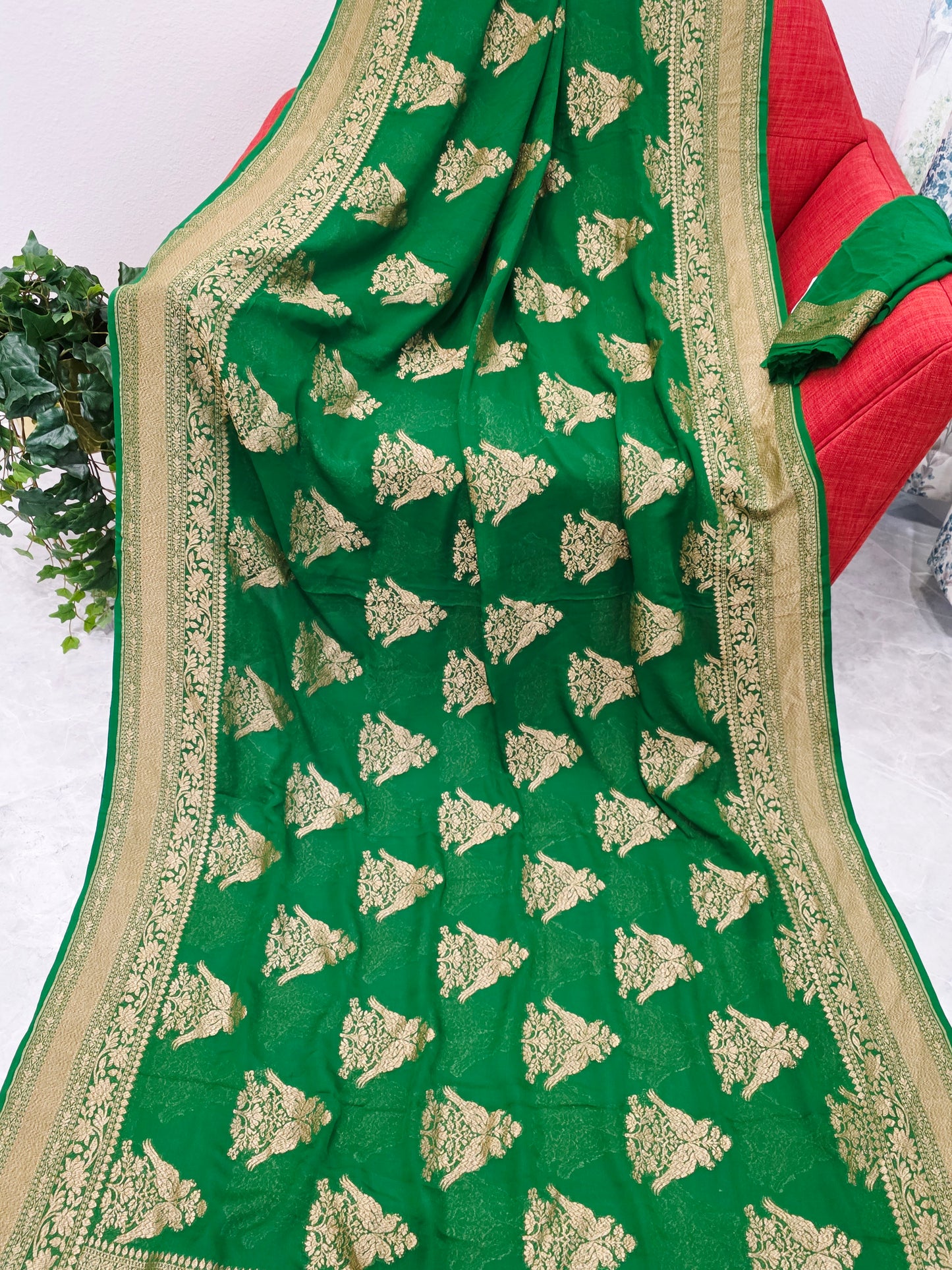 Rich Emerald Green Pure Khaddi Georgette Designer Saree with Peacock Zari Butta