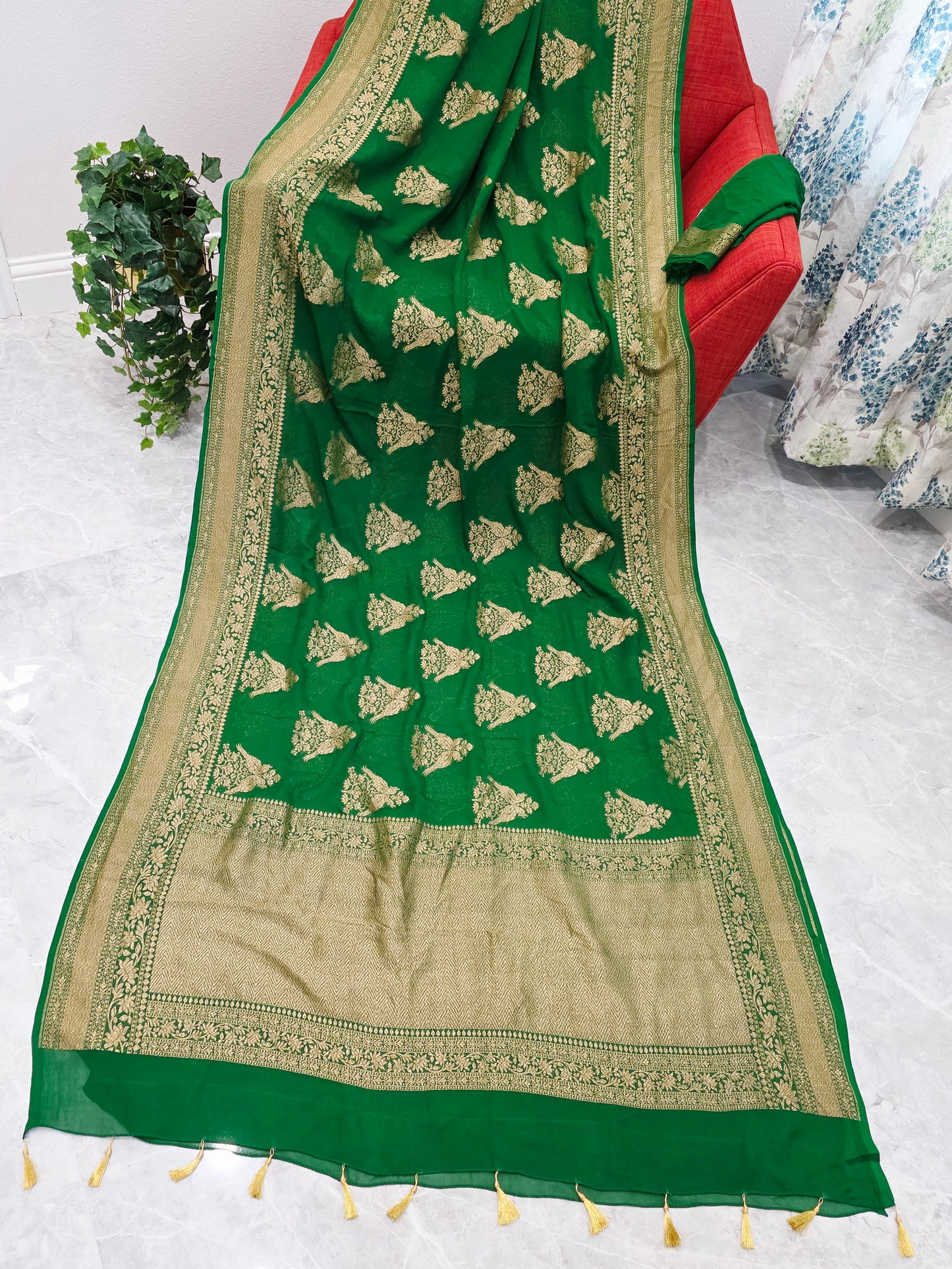 Rich Emerald Green Pure Khaddi Georgette Designer Saree with Peacock Zari Butta