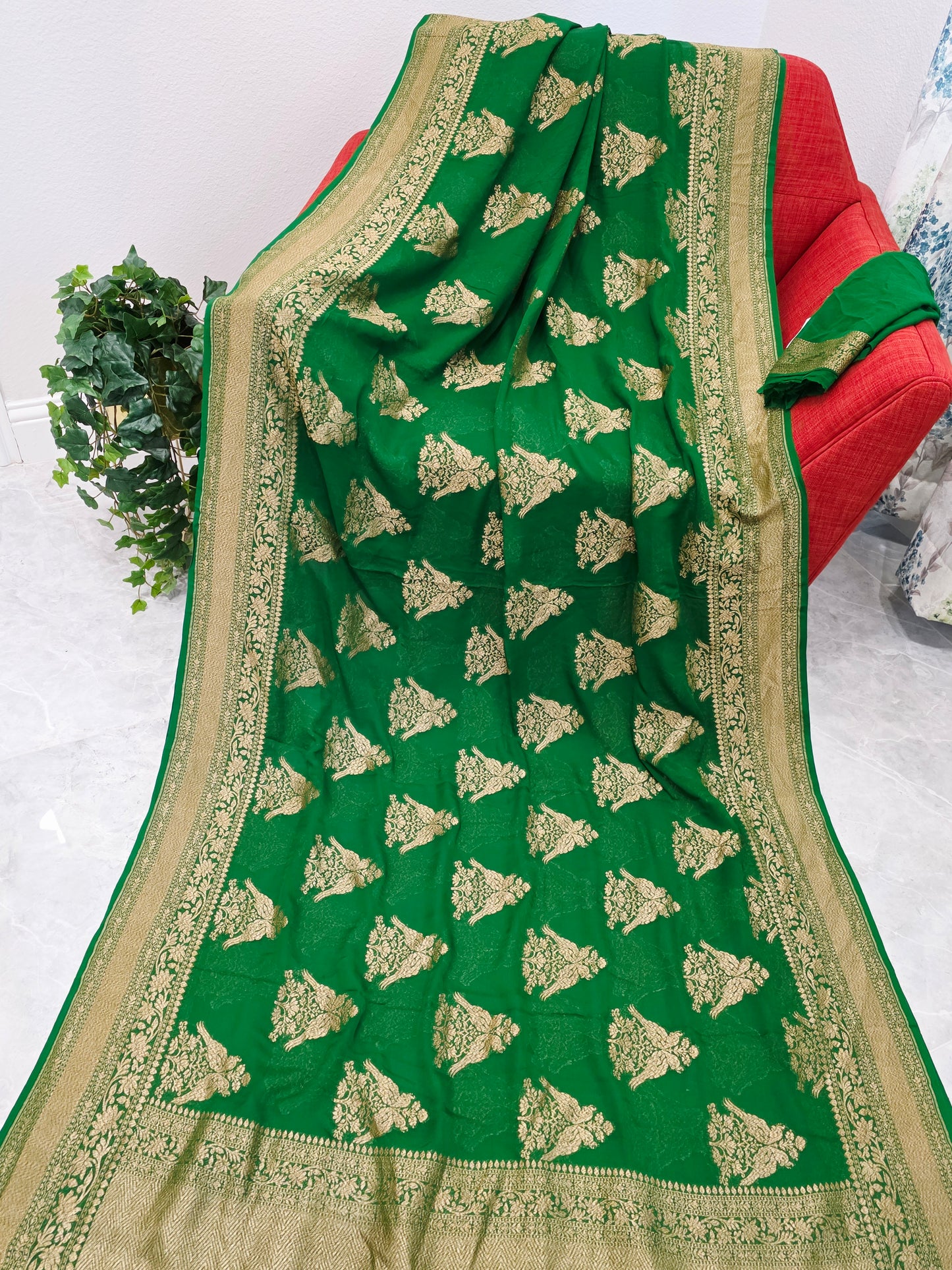 Rich Emerald Green Pure Khaddi Georgette Designer Saree with Peacock Zari Butta