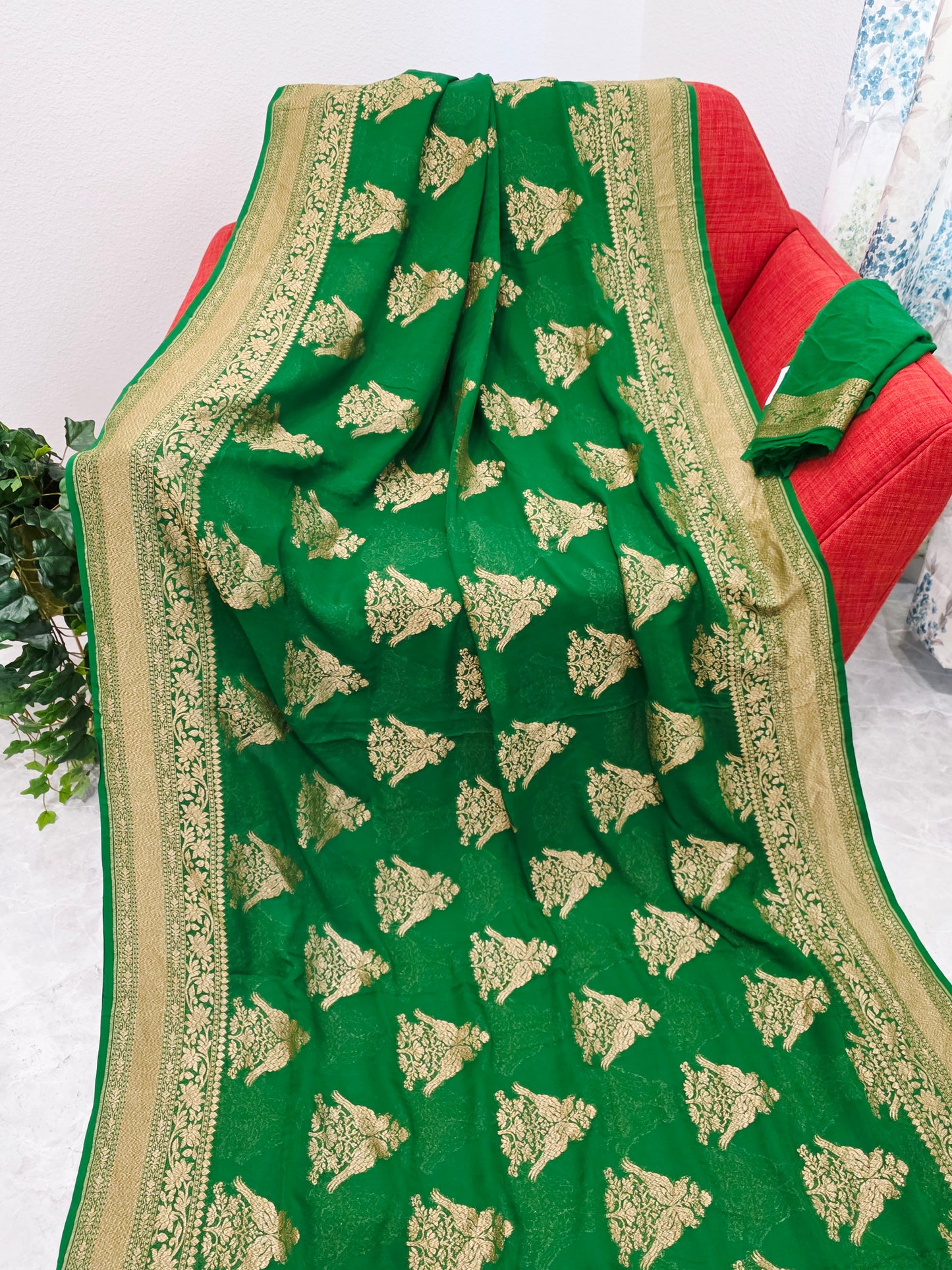 Rich Emerald Green Pure Khaddi Georgette Designer Saree with Peacock Zari Butta