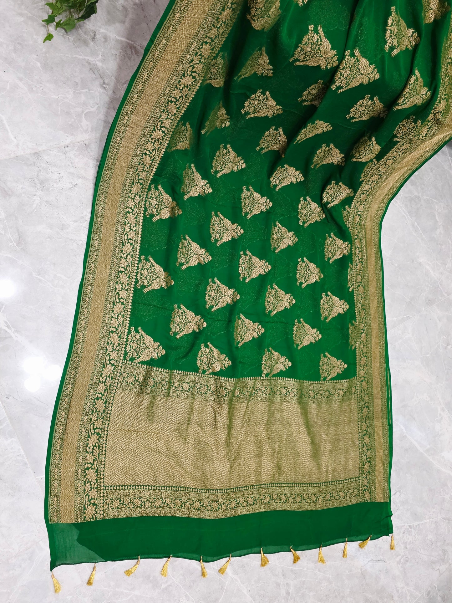 Rich Emerald Green Pure Khaddi Georgette Designer Saree with Peacock Zari Butta