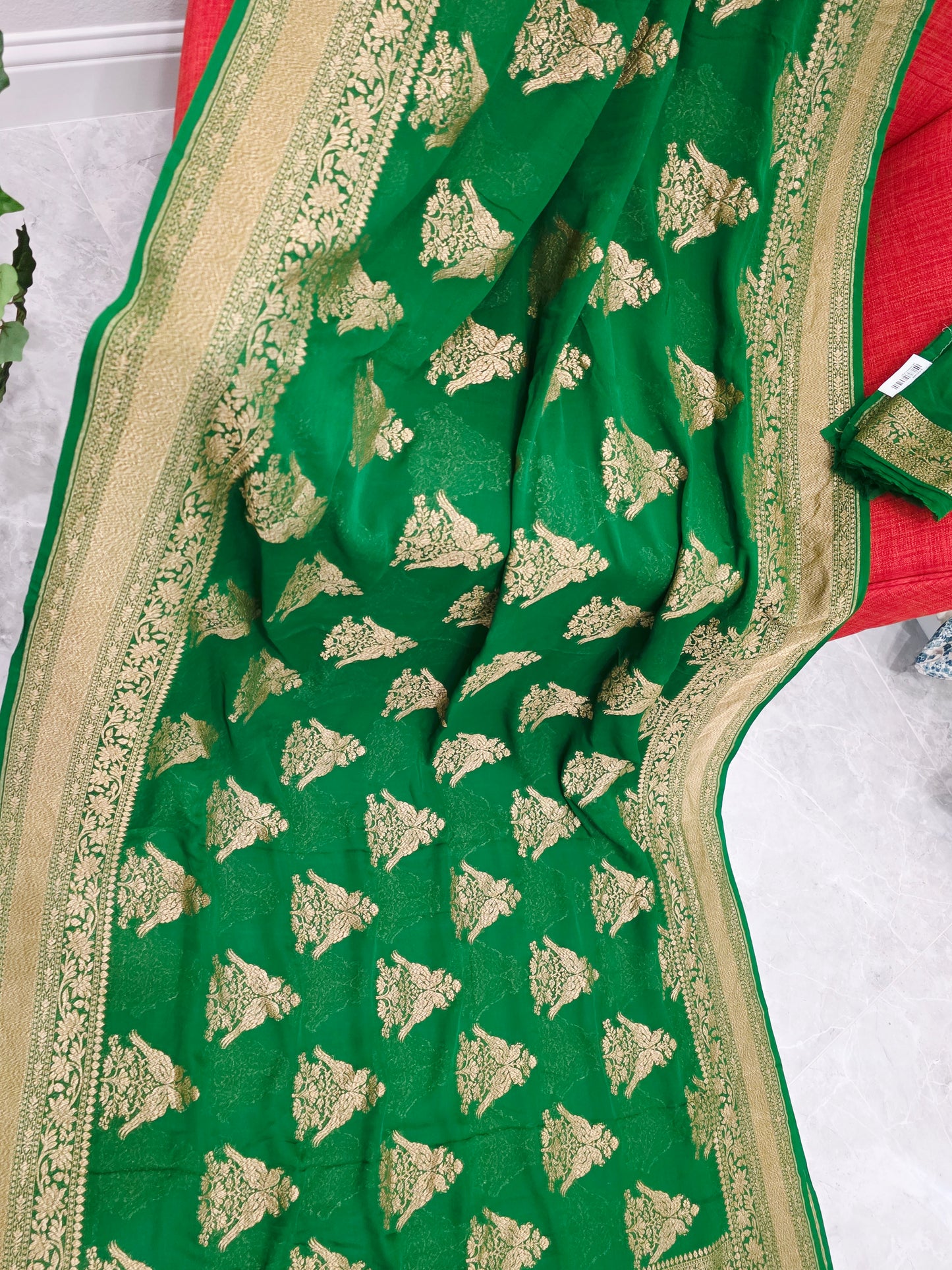 Rich Emerald Green Pure Khaddi Georgette Designer Saree with Peacock Zari Butta