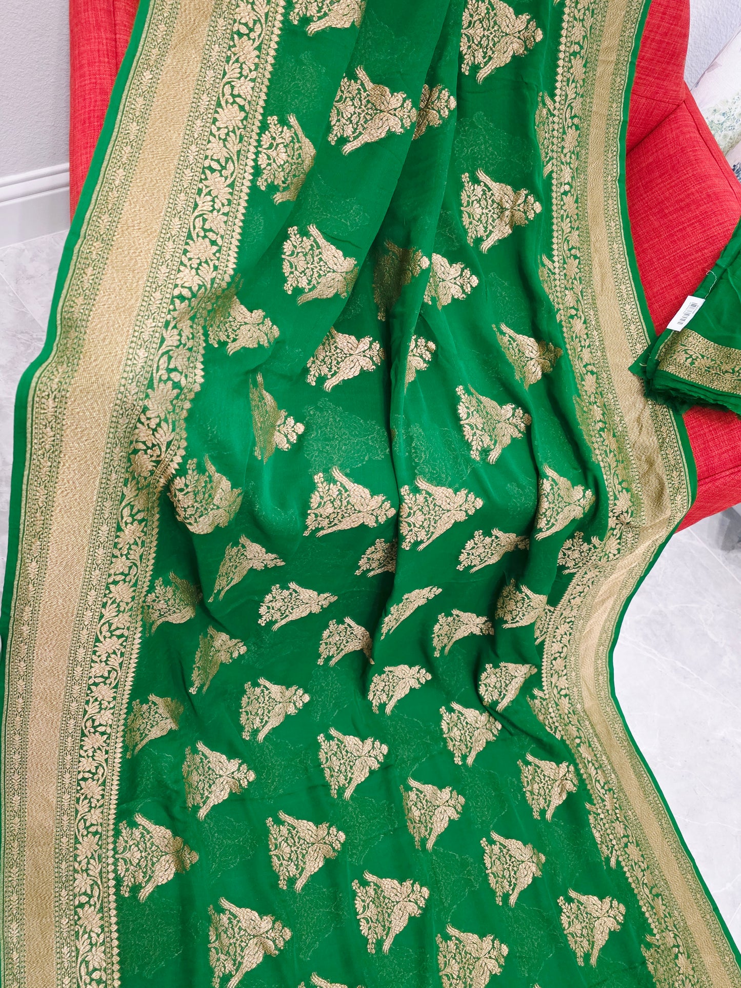 Rich Emerald Green Pure Khaddi Georgette Designer Saree with Peacock Zari Butta