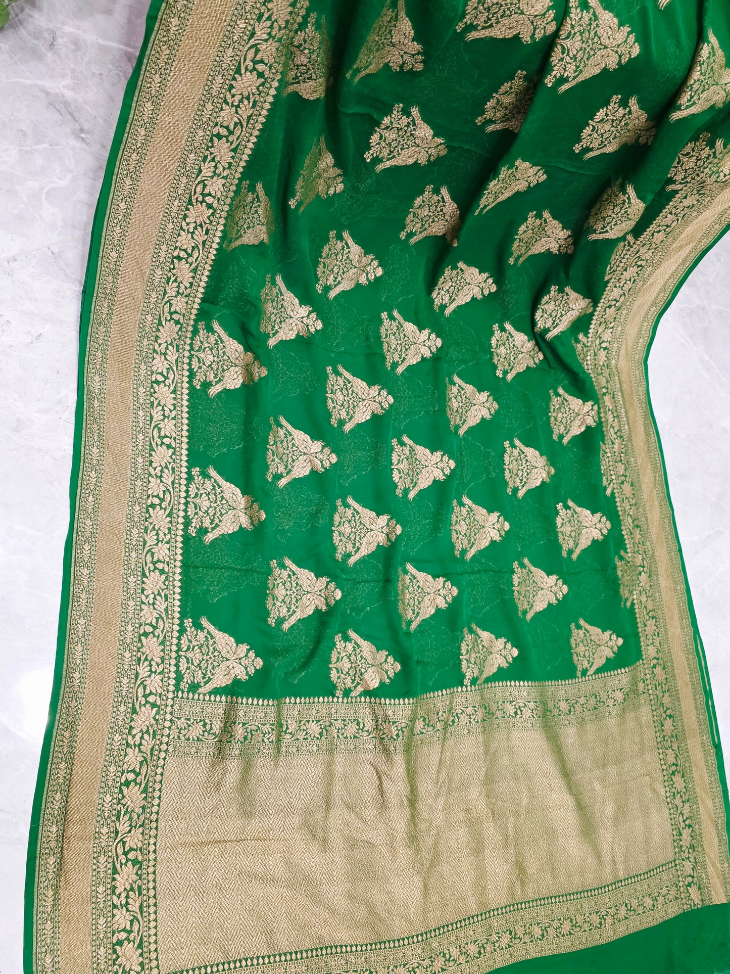 Rich Emerald Green Pure Khaddi Georgette Designer Saree with Peacock Zari Butta