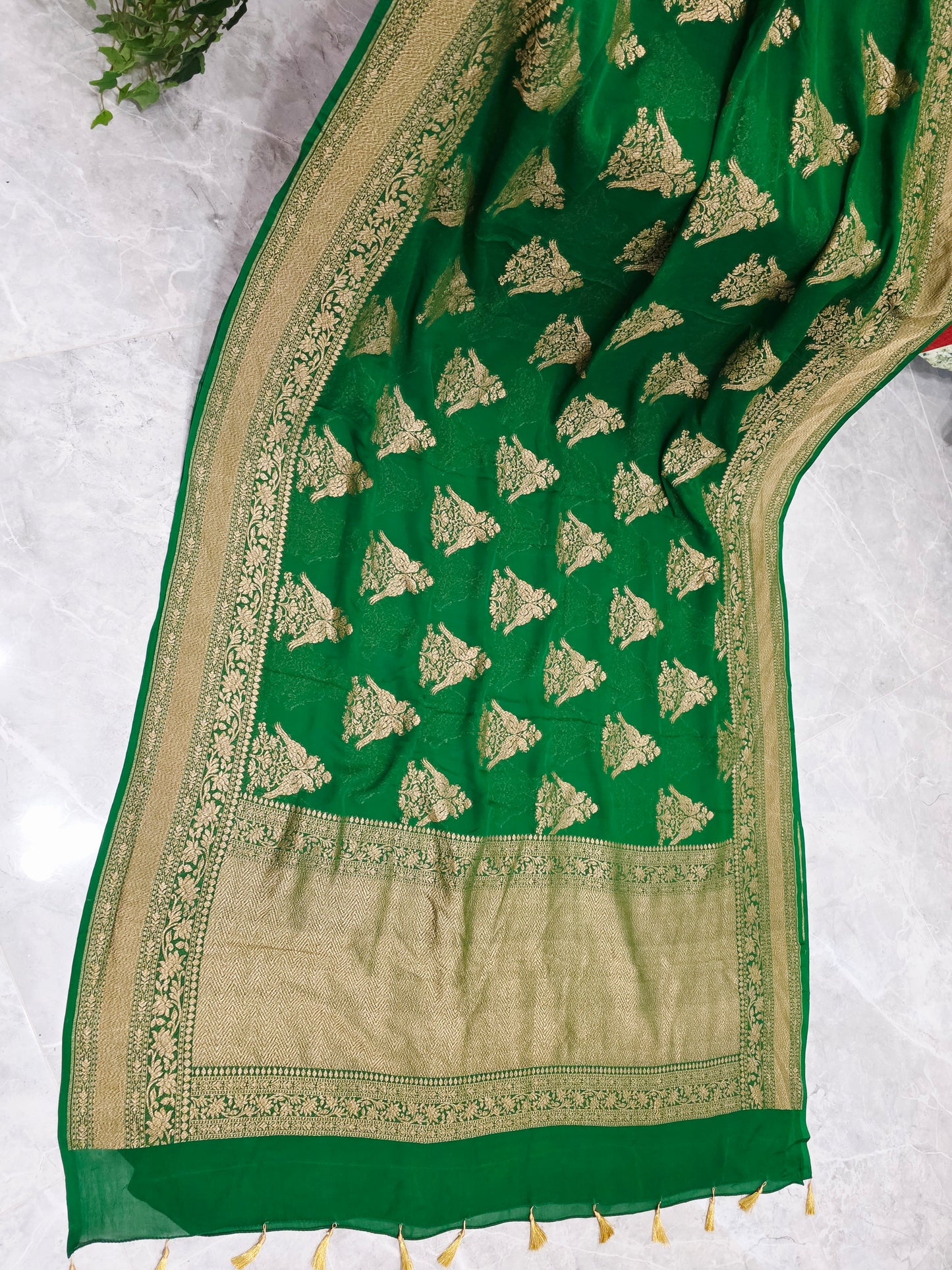 Rich Emerald Green Pure Khaddi Georgette Designer Saree with Peacock Zari Butta