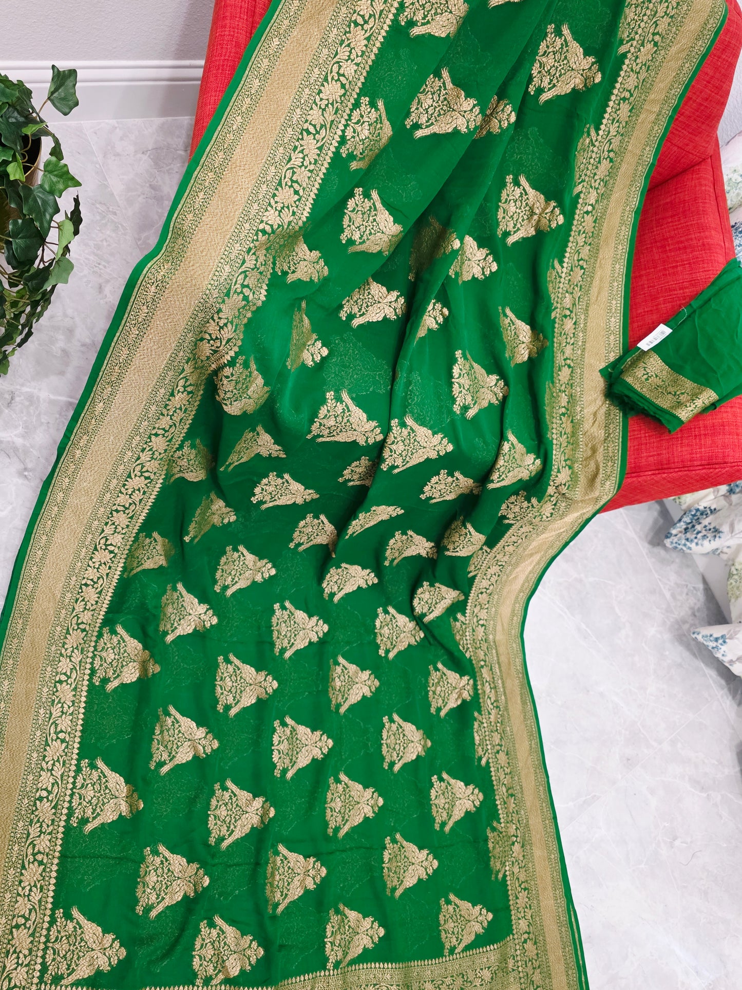 Rich Emerald Green Pure Khaddi Georgette Designer Saree with Peacock Zari Butta