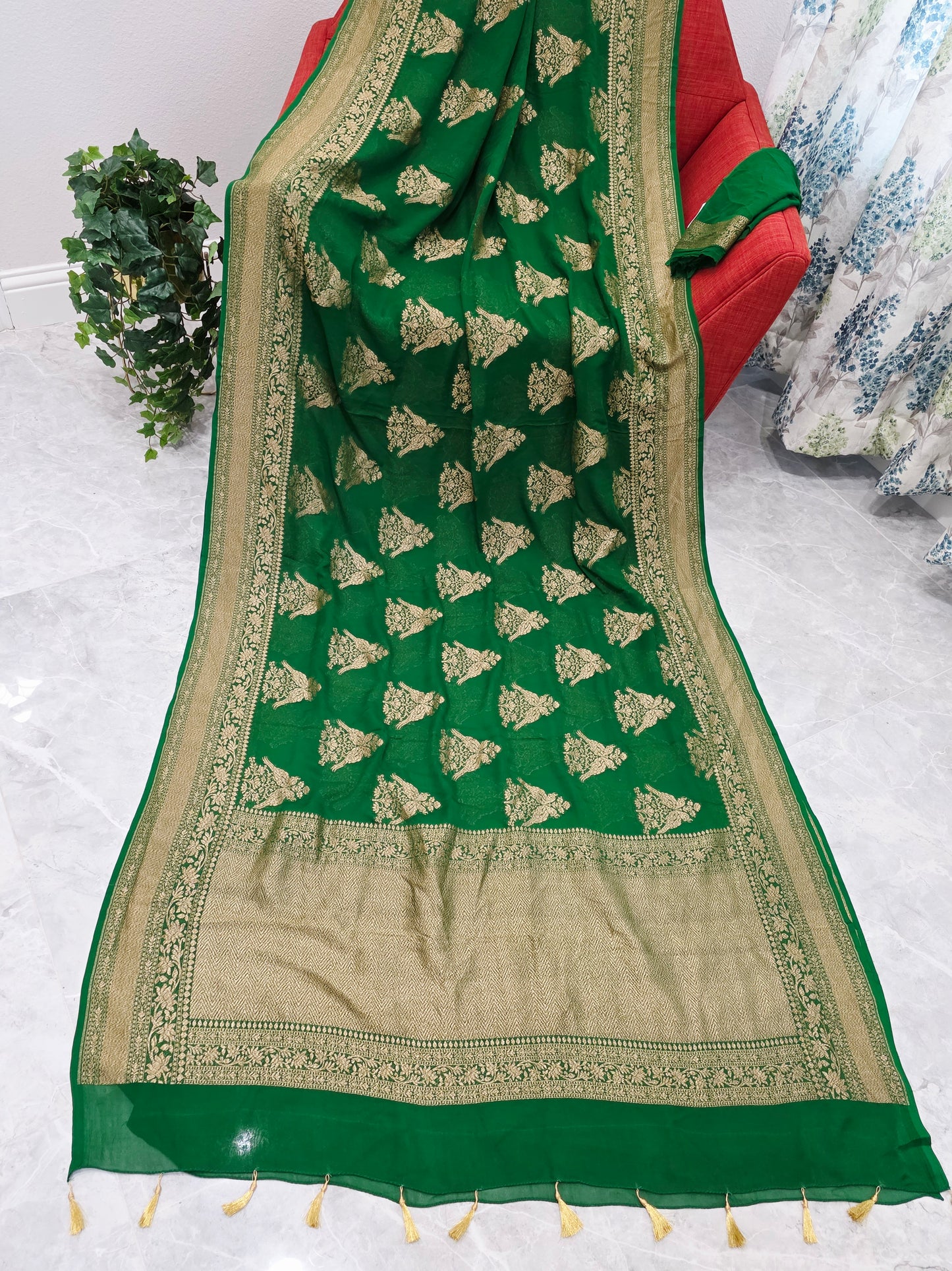 Rich Emerald Green Pure Khaddi Georgette Designer Saree with Peacock Zari Butta