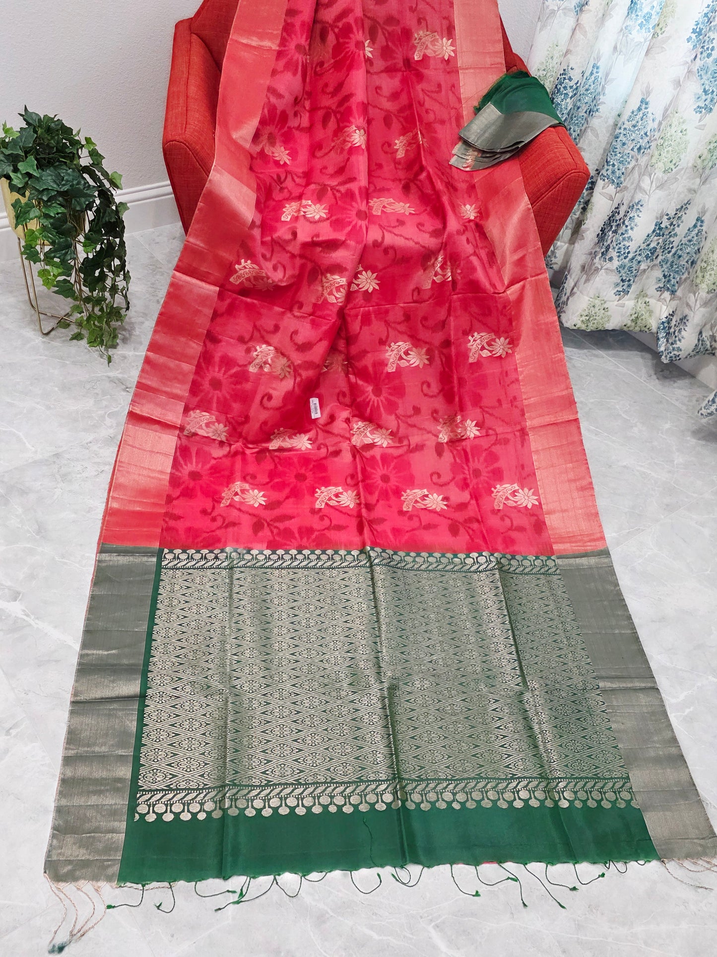 Peachy Pink Semi Kanchi Soft Silk Pochampally Print Saree with Blouse Piece