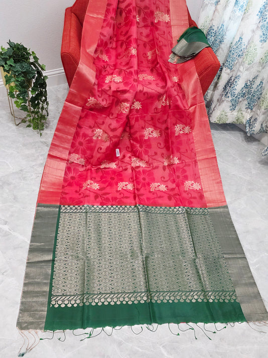 Peachy Pink Semi Kanchi Soft Silk Pochampally Print Saree with Blouse Piece