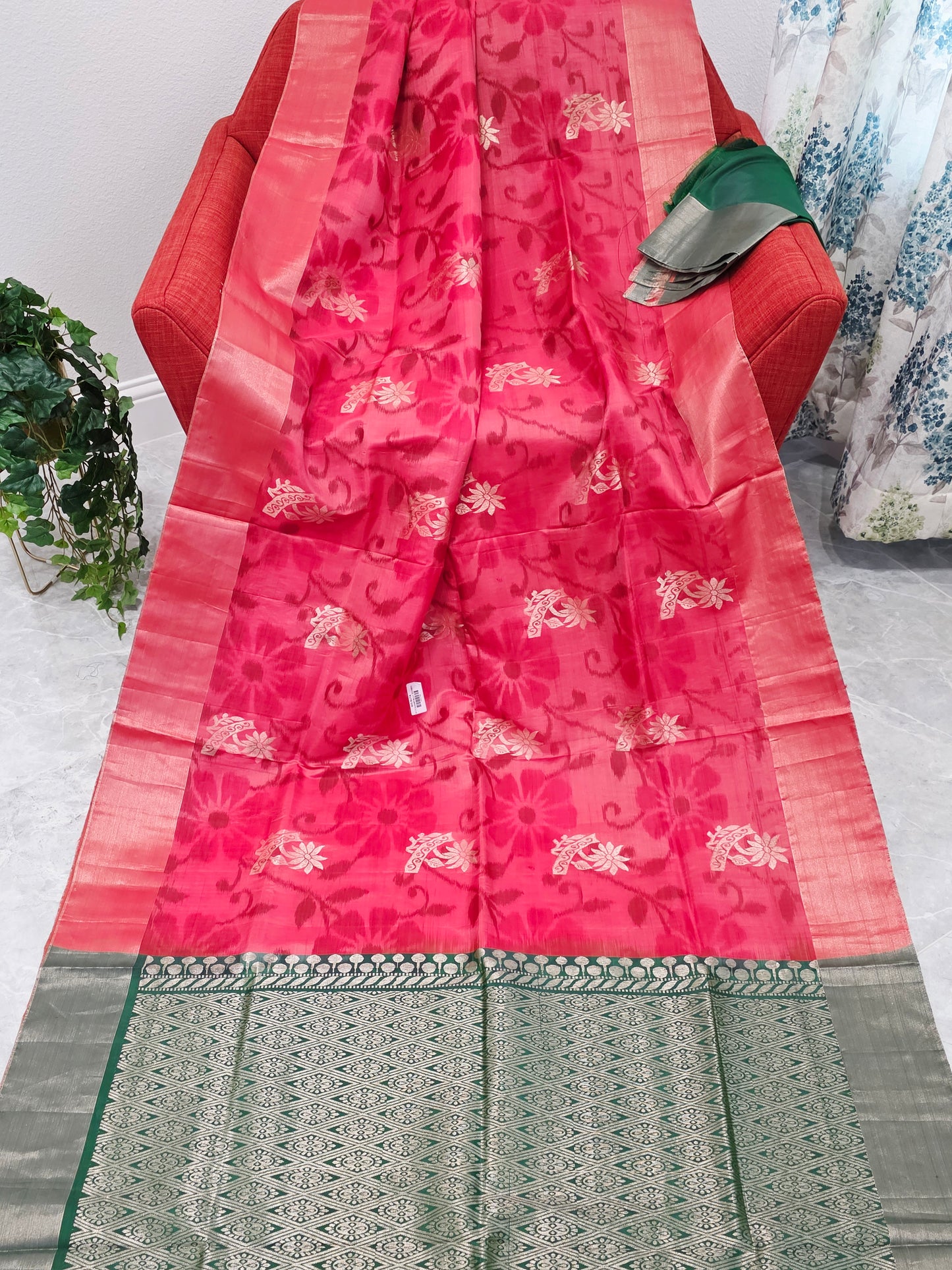 Peachy Pink Semi Kanchi Soft Silk Pochampally Print Saree with Blouse Piece