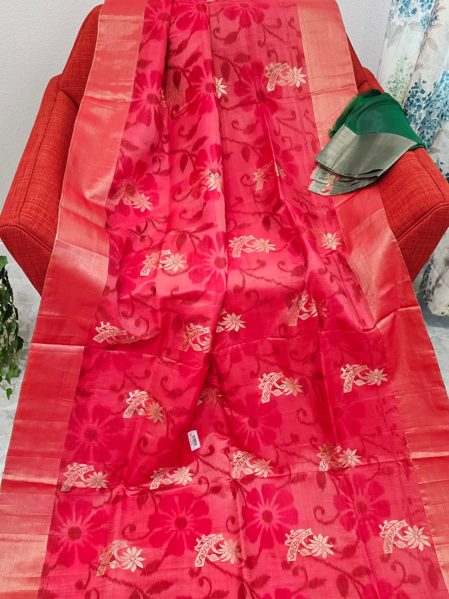 Peachy Pink Semi Kanchi Soft Silk Pochampally Print Saree with Blouse Piece