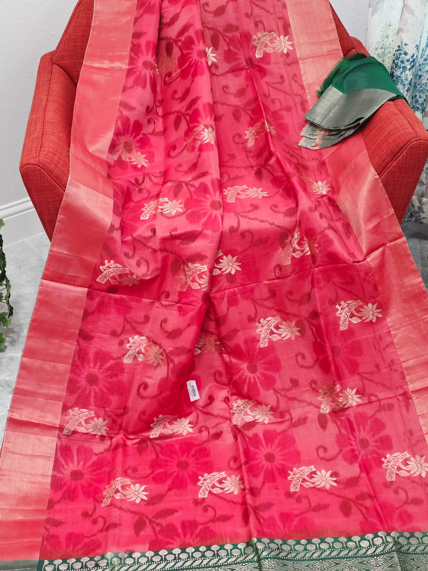 Peachy Pink Semi Kanchi Soft Silk Pochampally Print Saree with Blouse Piece