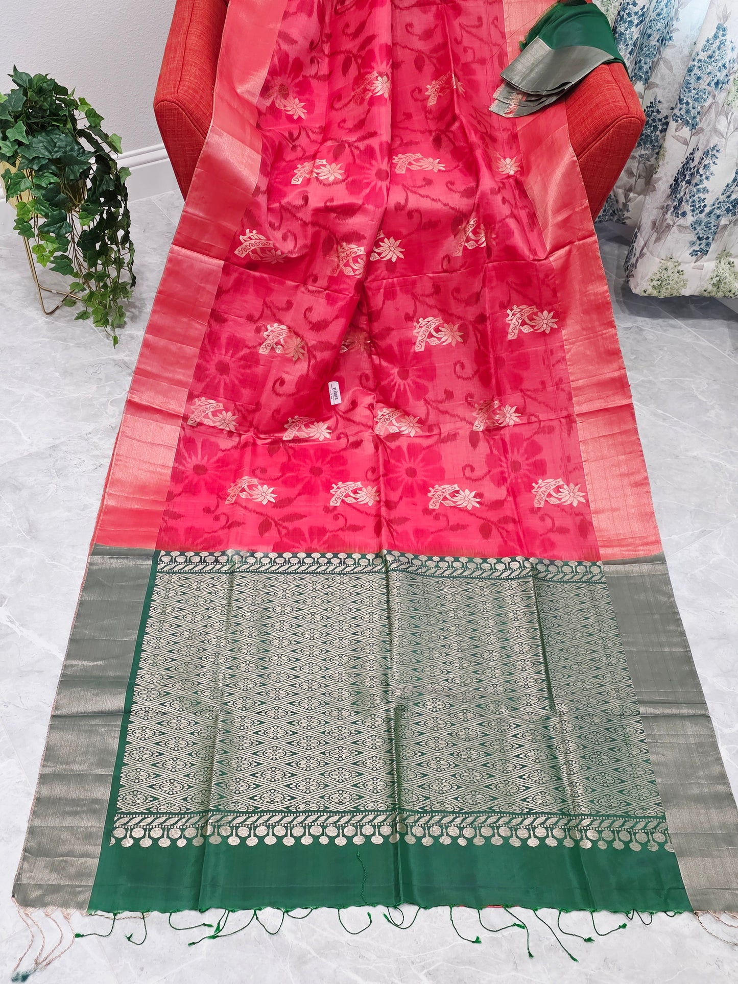Peachy Pink Semi Kanchi Soft Silk Pochampally Print Saree with Blouse Piece