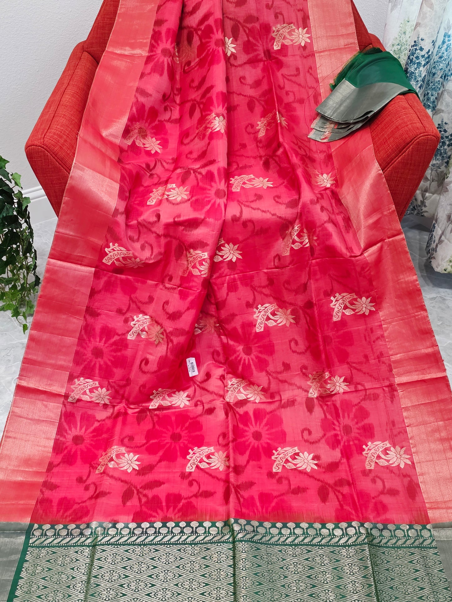 Peachy Pink Semi Kanchi Soft Silk Pochampally Print Saree with Blouse Piece