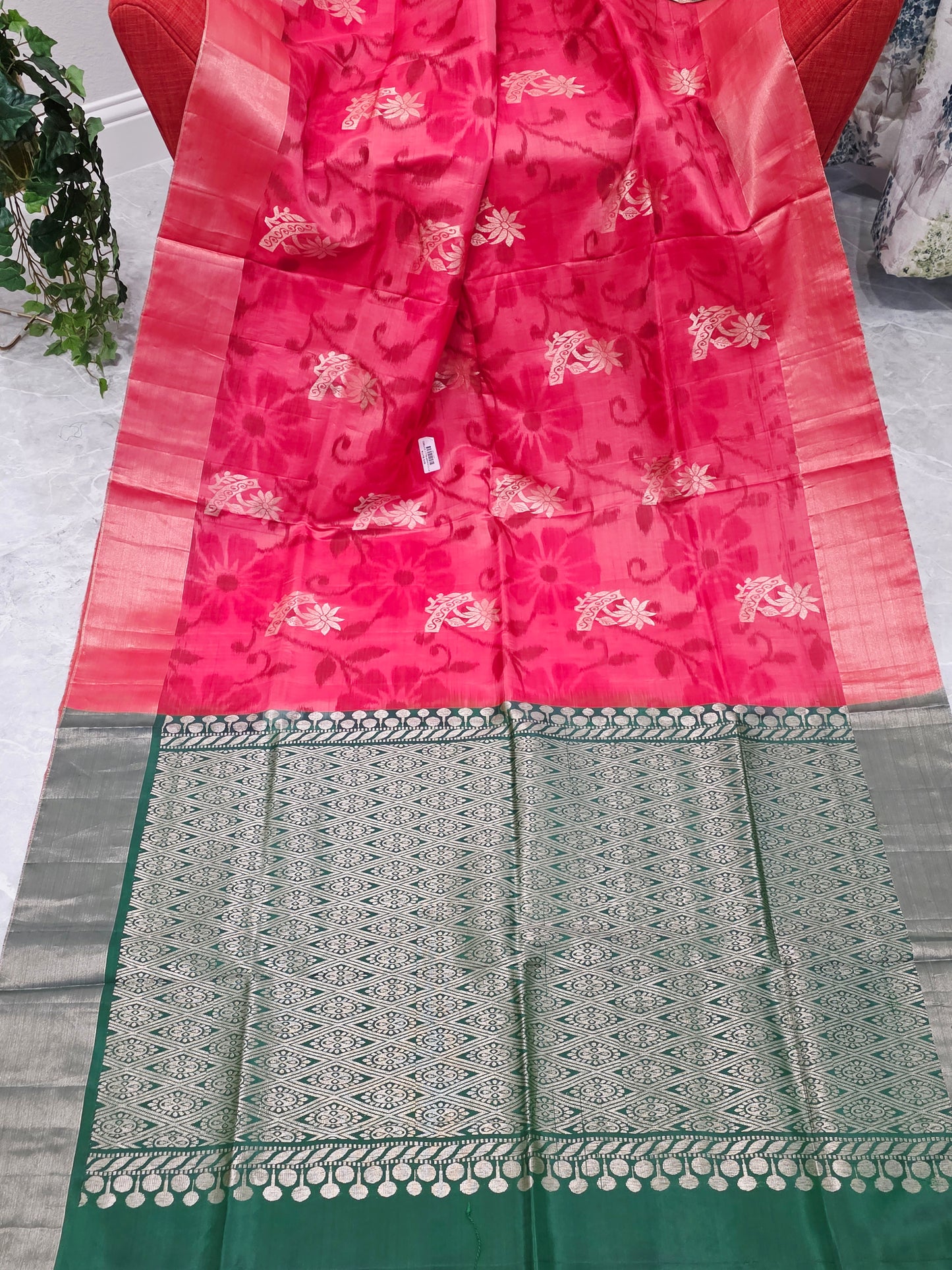 Peachy Pink Semi Kanchi Soft Silk Pochampally Print Saree with Blouse Piece