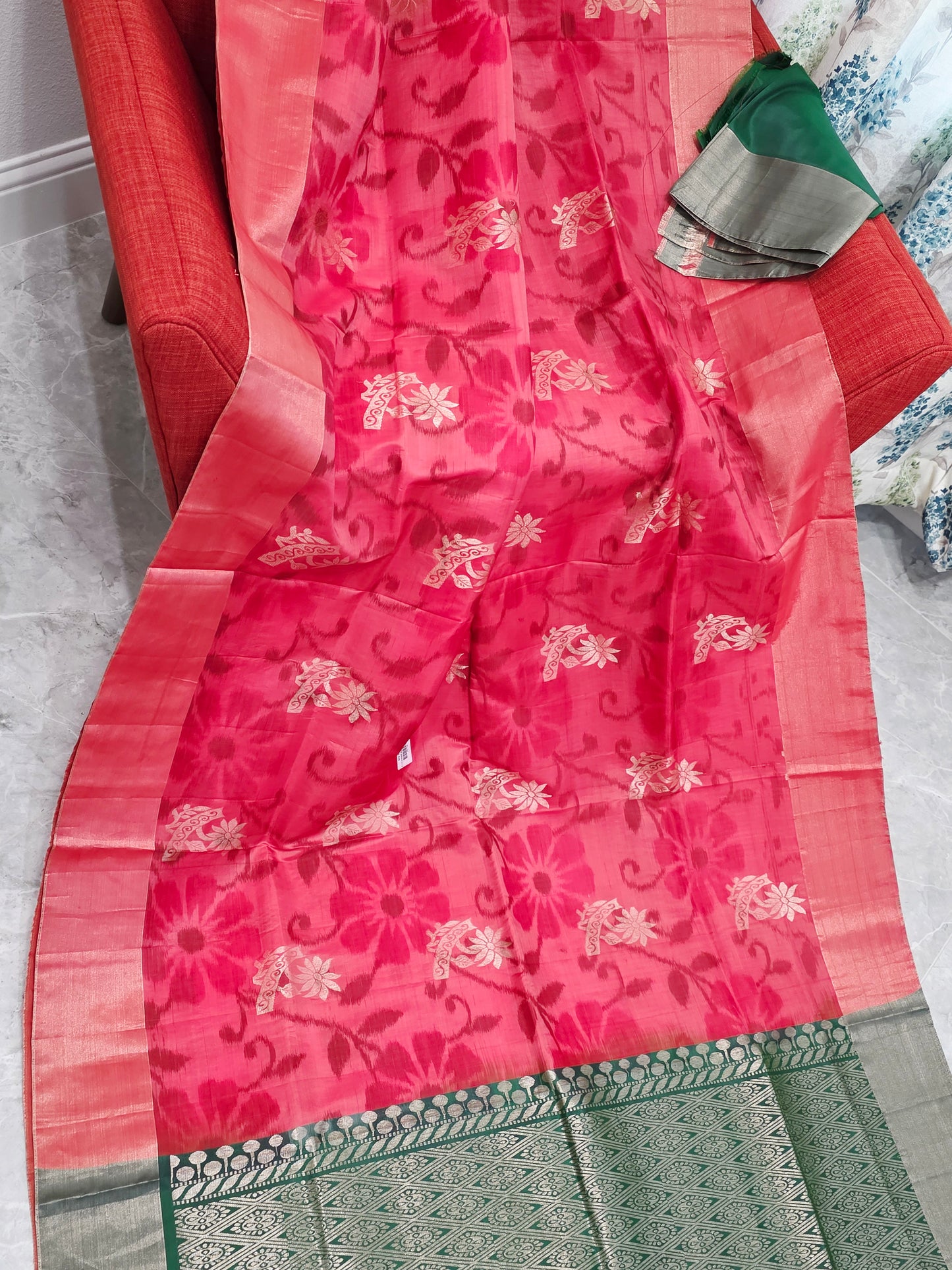 Peachy Pink Semi Kanchi Soft Silk Pochampally Print Saree with Blouse Piece