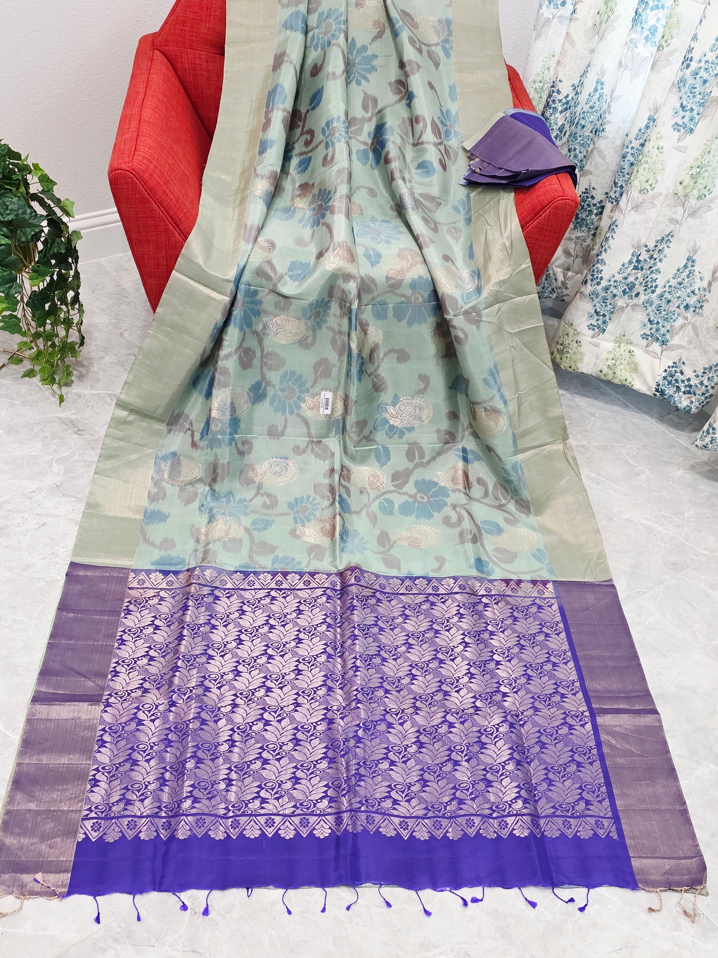 Mint Green Semi Kanchi Soft Silk Pochampally Print Saree with Purple Pallu