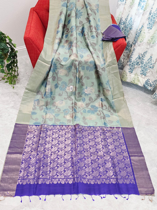 Mint Green Semi Kanchi Soft Silk Pochampally Print Saree with Purple Pallu